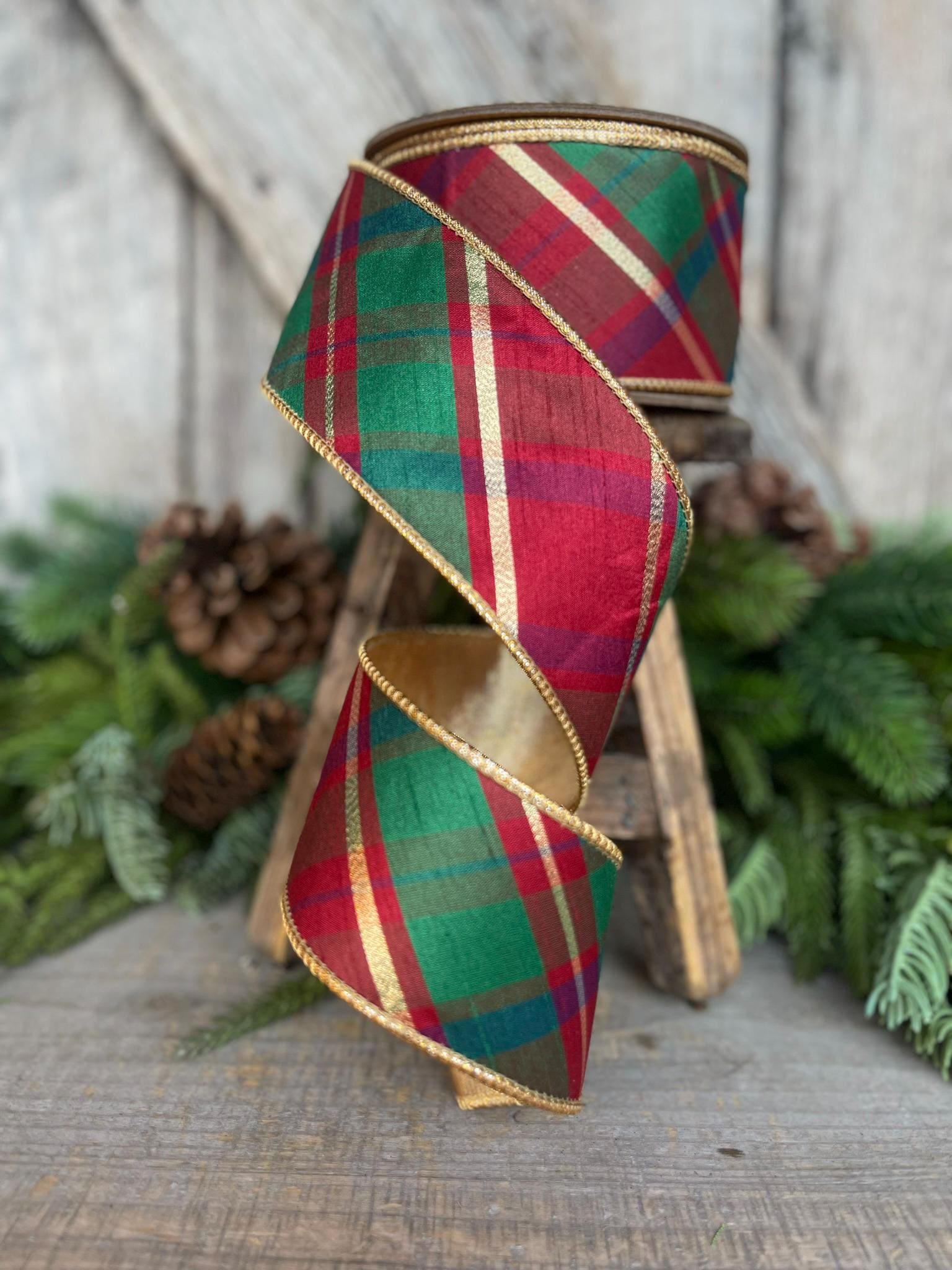 2.5" Christmas Plaid Ribbon, Red Green Gold Plaid Ribbon, Traditional Christmas Ribbon, Wired RIbbon, Classic Christmas Plaid Ribbon