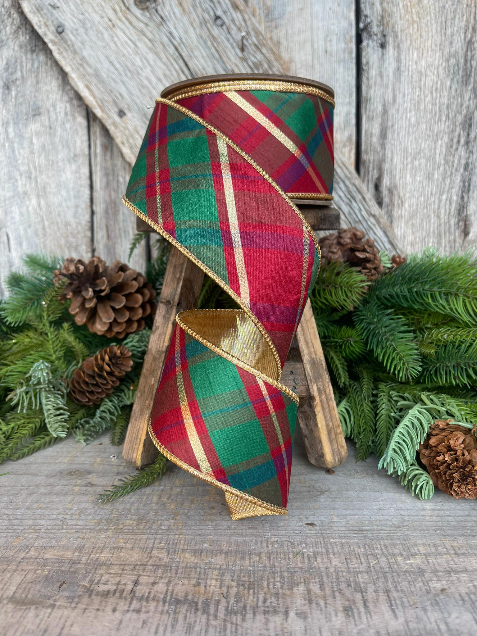 2.5" Christmas Plaid Ribbon, Red Green Gold Plaid Ribbon, Traditional Christmas Ribbon, Wired RIbbon, Classic Christmas Plaid Ribbon