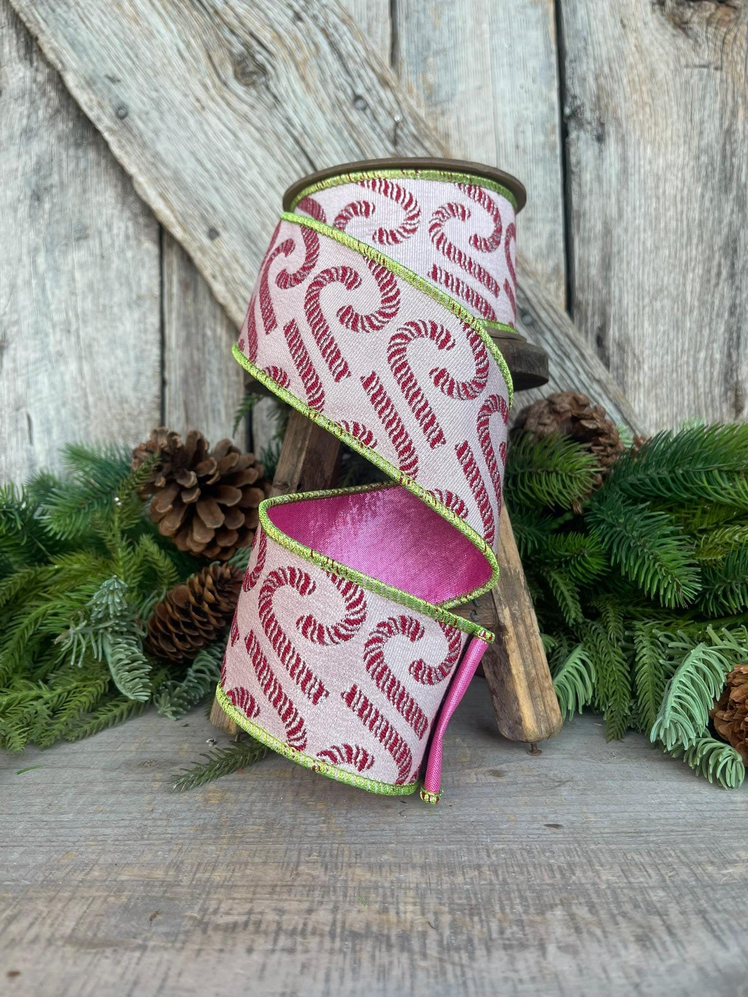 2.5" Pink Candy Cane RIbbon, Christmas RIbbon, Candy Ribbon, CHristmas Candy Cane RIbbon, Designer Ribbon