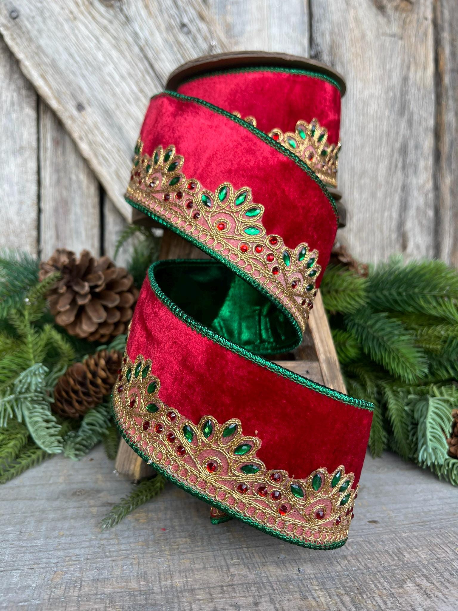 2.5" Red Velvet Jeweled Ribbon, Red Green Jeweled Ribbon, Christmas Ribbon, 5 yards, Holiday decor, Christmas Tree Ribbon, Holiday