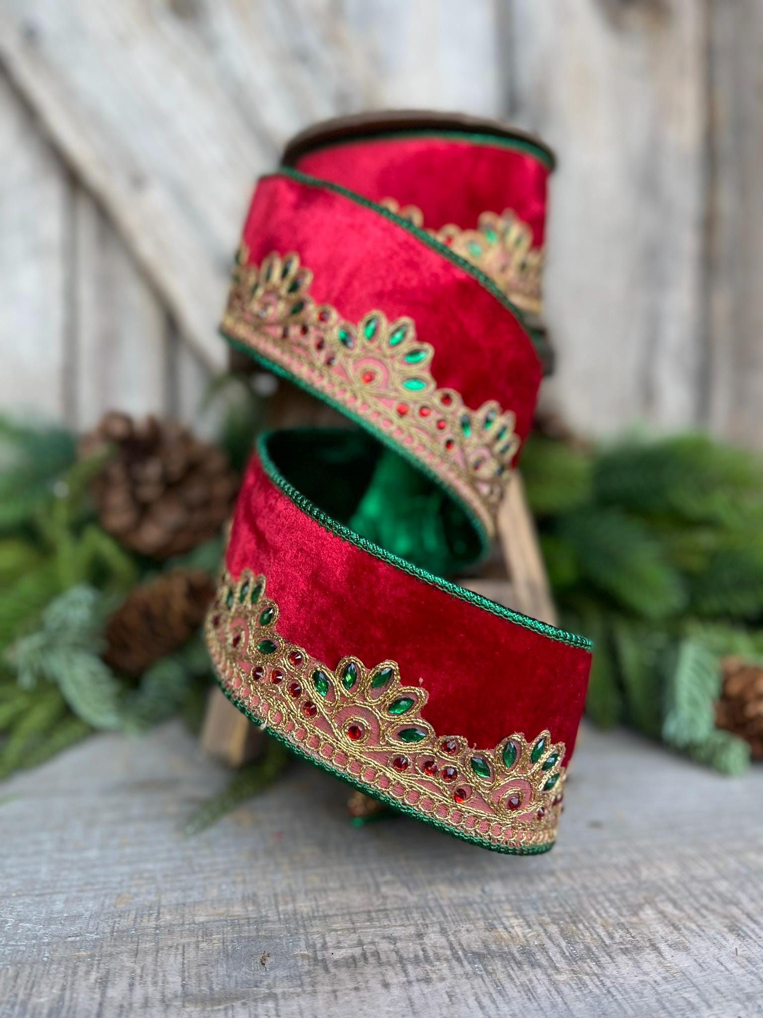 2.5" Red Velvet Jeweled Ribbon, Red Green Jeweled Ribbon, Christmas Ribbon, 5 yards, Holiday decor, Christmas Tree Ribbon, Holiday