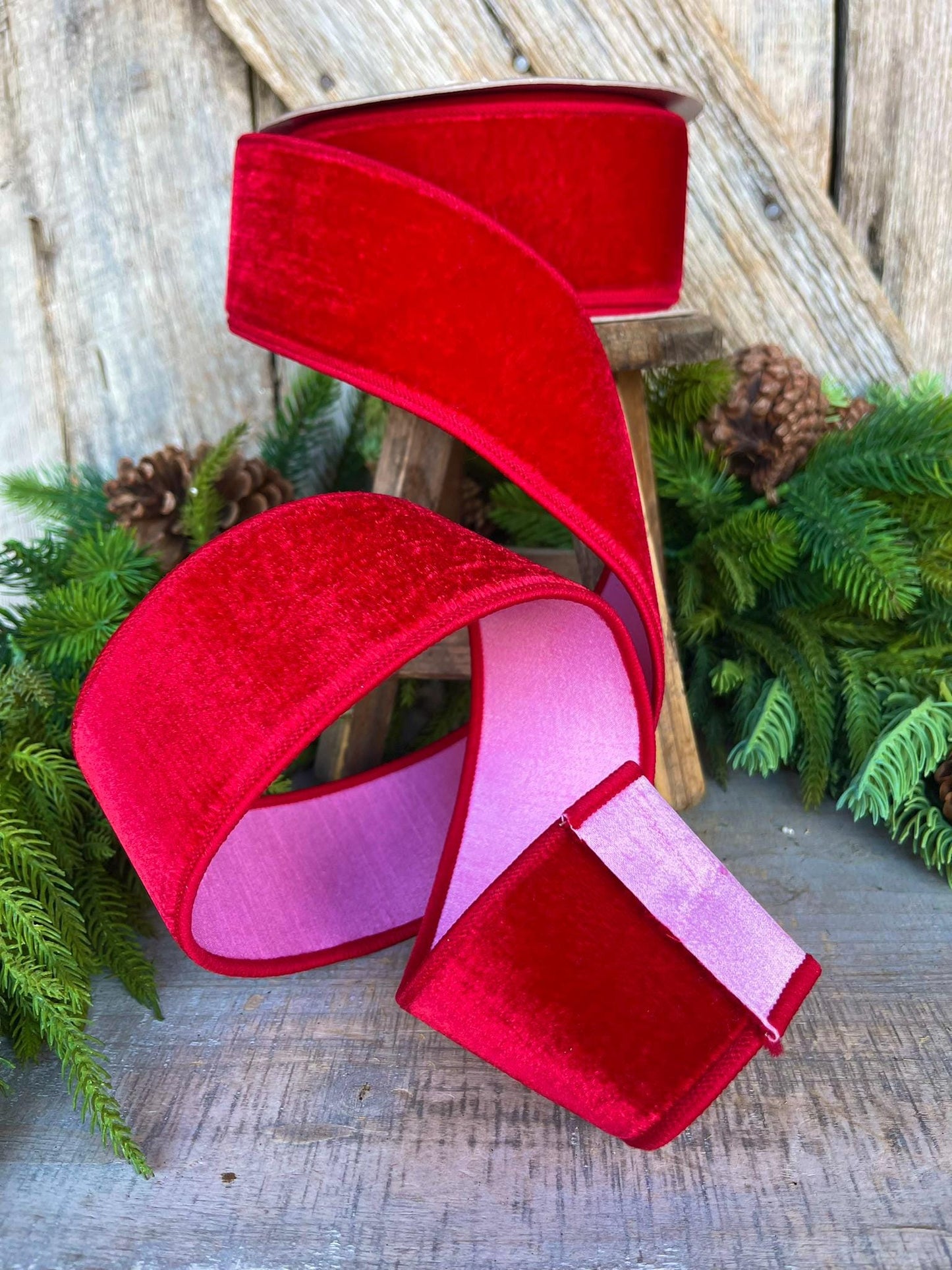 2.5" Red Pink Velvet Ribbon, Farrisilk Ribbon, Wired Ribbon, Pink Ribbon, Pink Red Ribbon, Designer Ribbon, Christmas, RK741-02