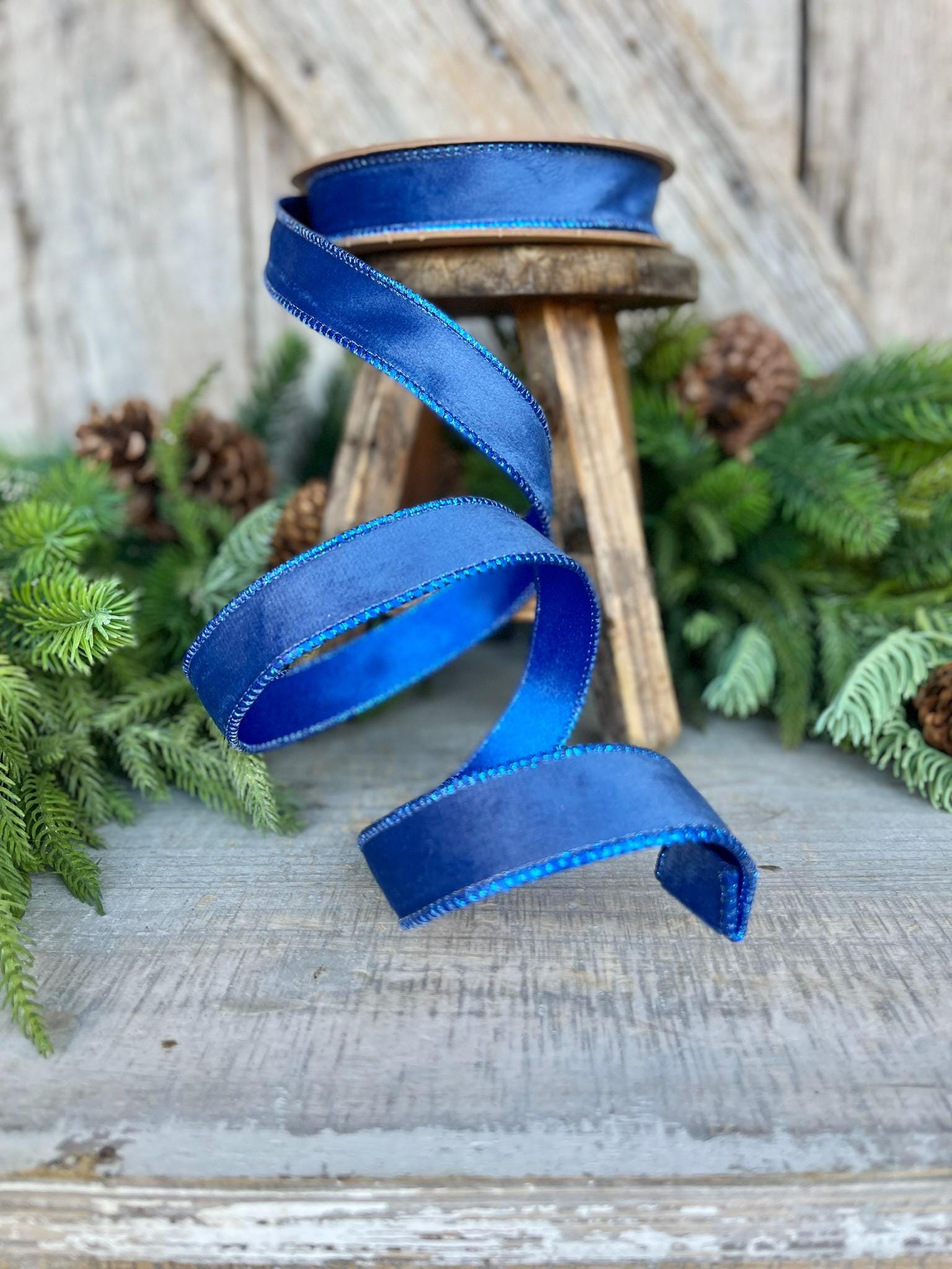 1" Blue Velvet Ribbon, Wired Ribbon