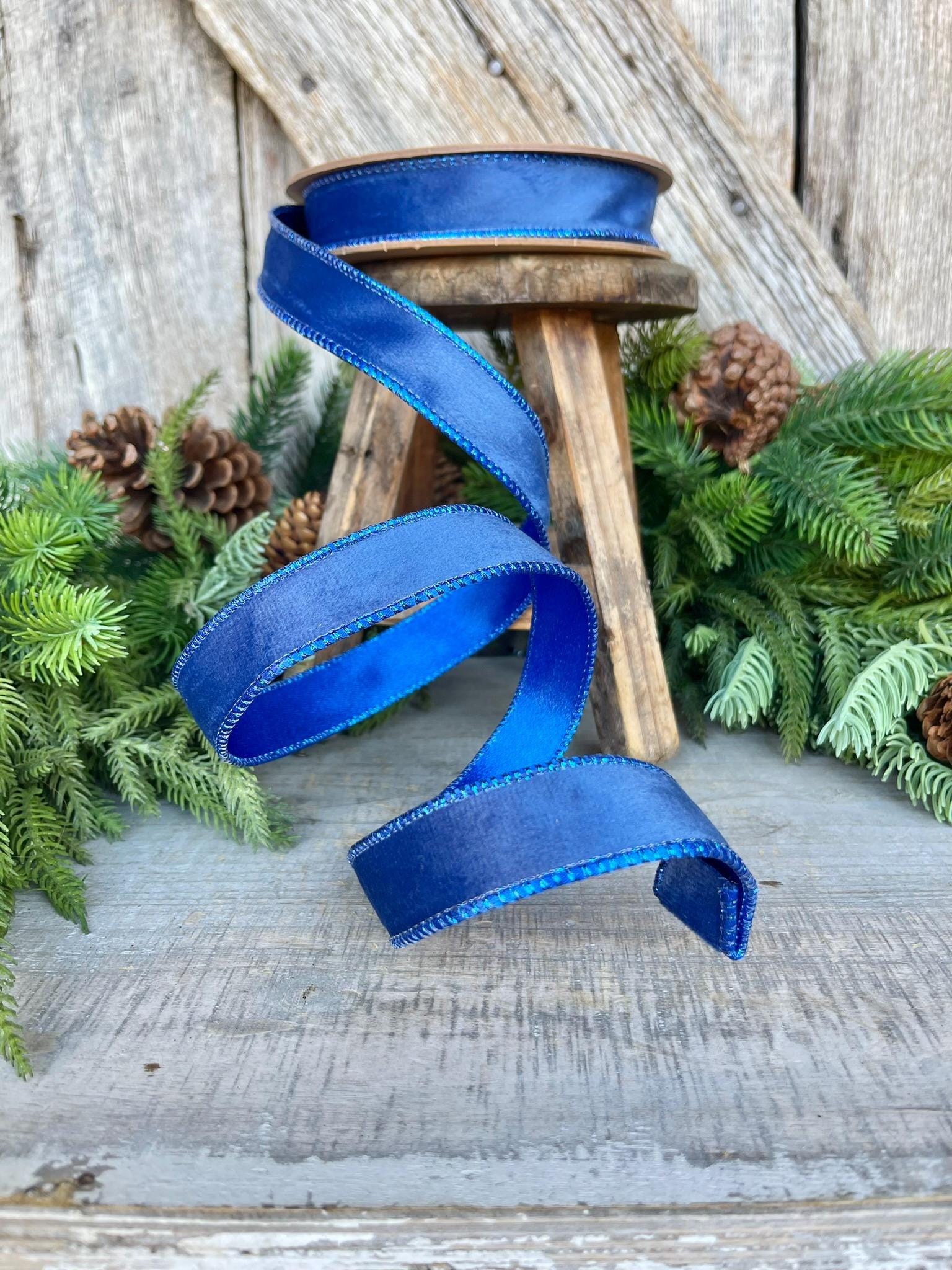 1" Blue Velvet Ribbon, Wired Ribbon