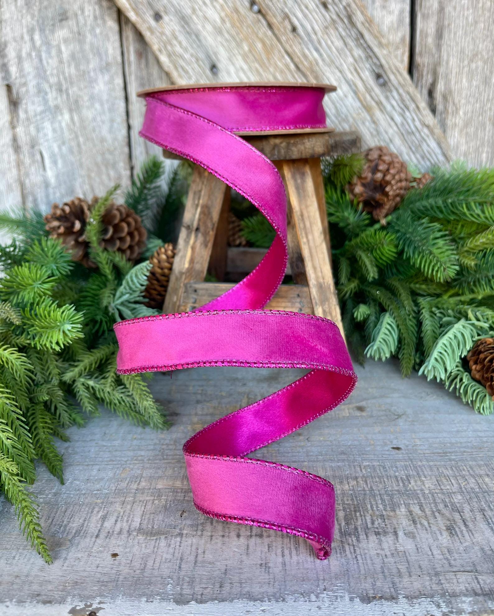 1" Hot Pink Velvet Ribbon, Wired Ribbon, Christmas Ribbon, Pink Christmas Velvet, Christmas Tree Ribbon, Pink Ribbon