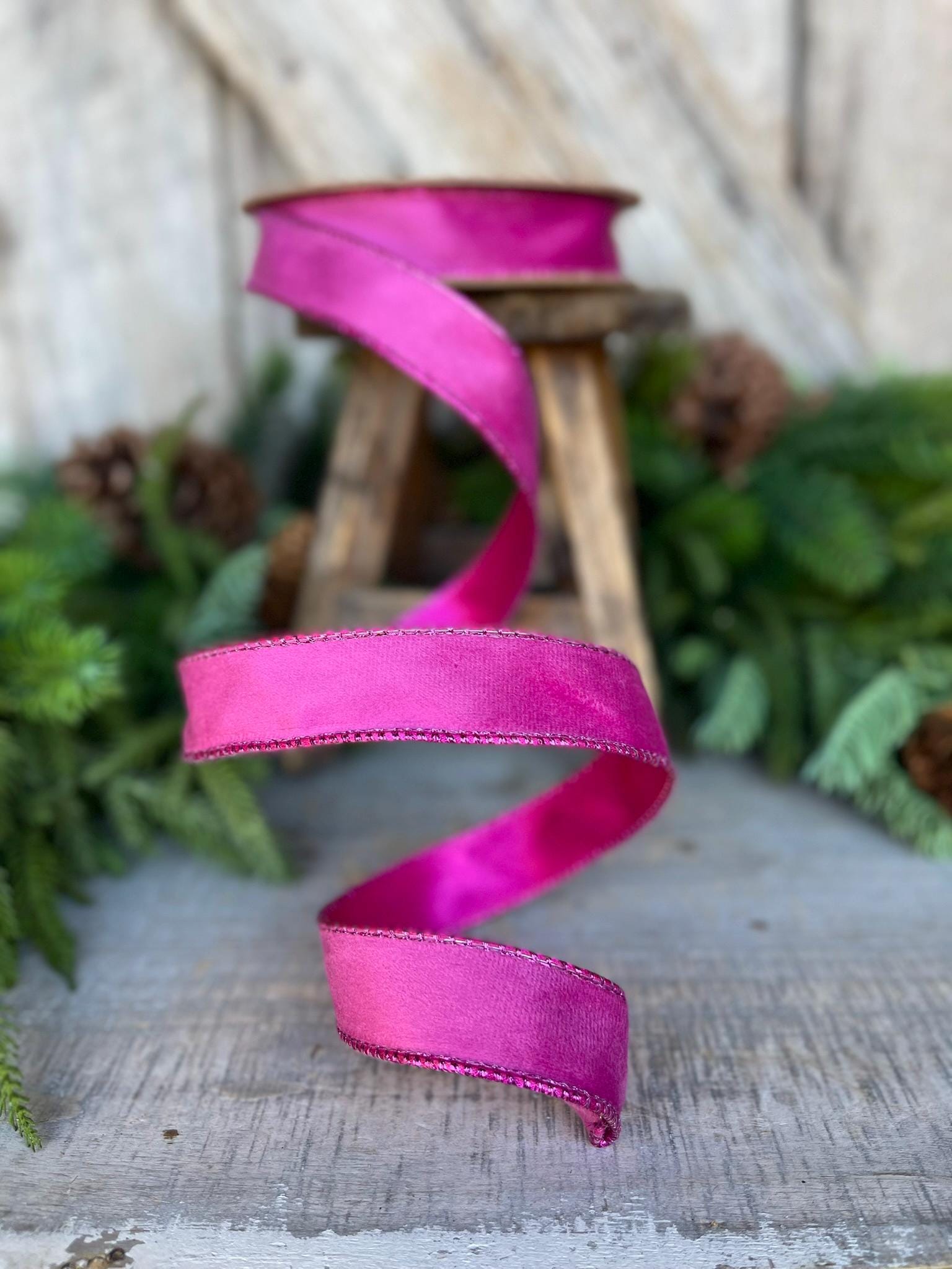 1" Hot Pink Velvet Ribbon, Wired Ribbon