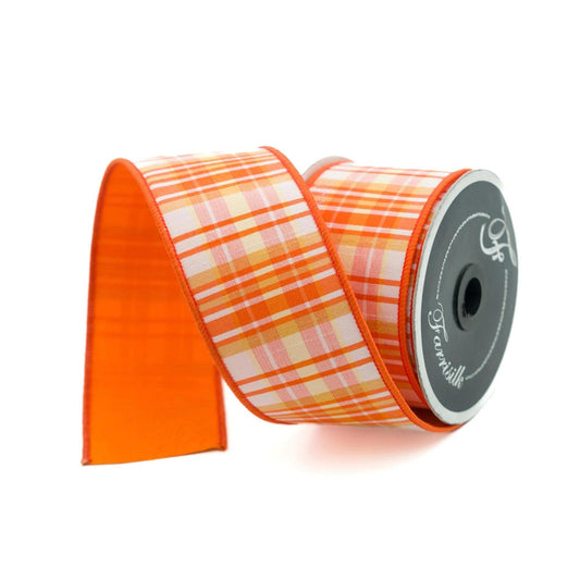 2.5" Candy Corn Plaid Ribbon, Orange Prescott Plaid Ribbon, Farrisilk Ribbon, Orange White Yellow Ribbon, Fall Ribbon, RK368-52