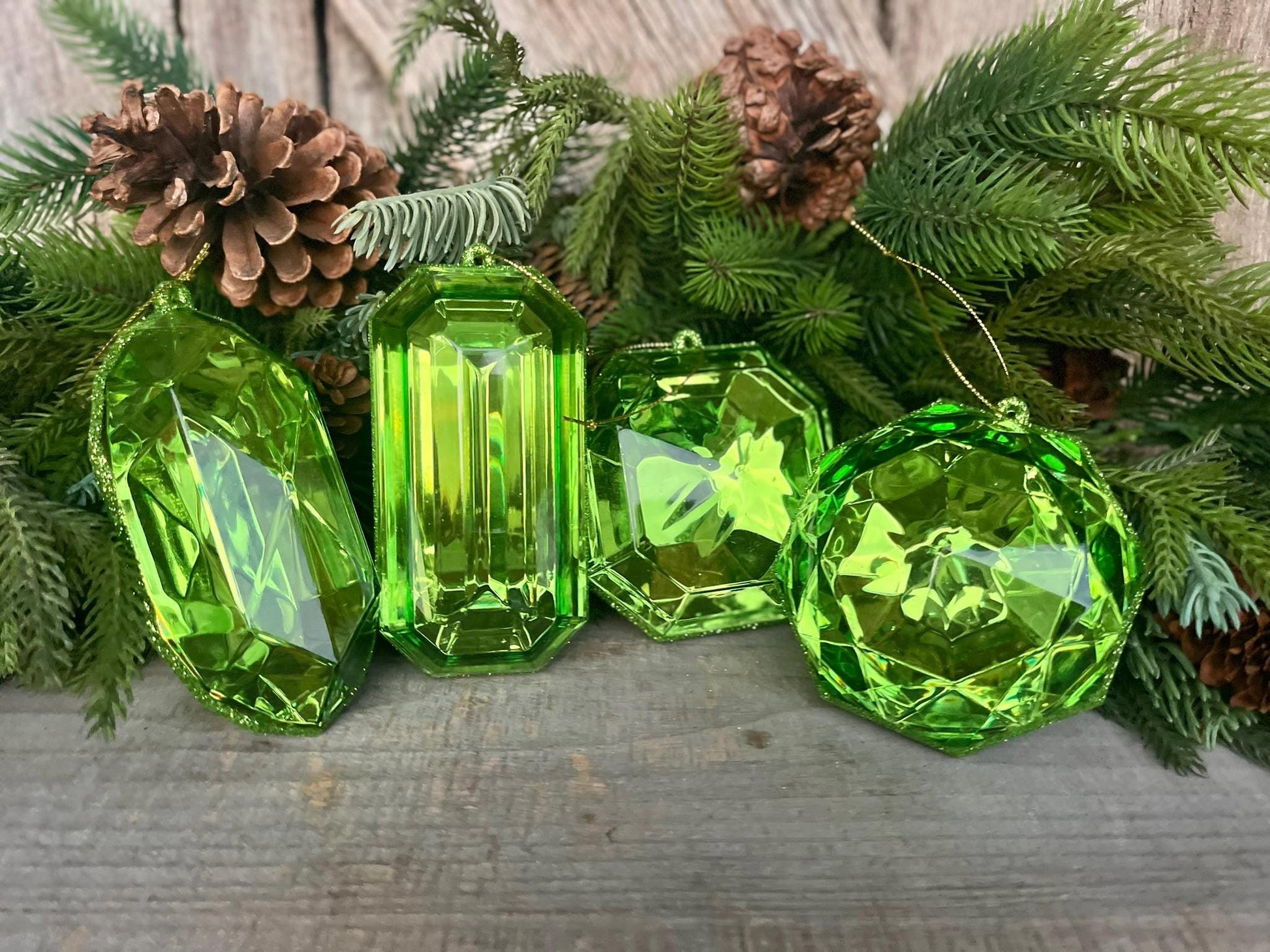 Lime Green Jewel Ornament Set of 4, Green Jewel Ornaments