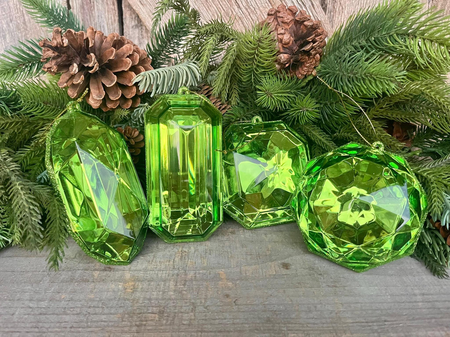 Lime Green Jewel Ornament Set of 4, Green Jewel Ornaments