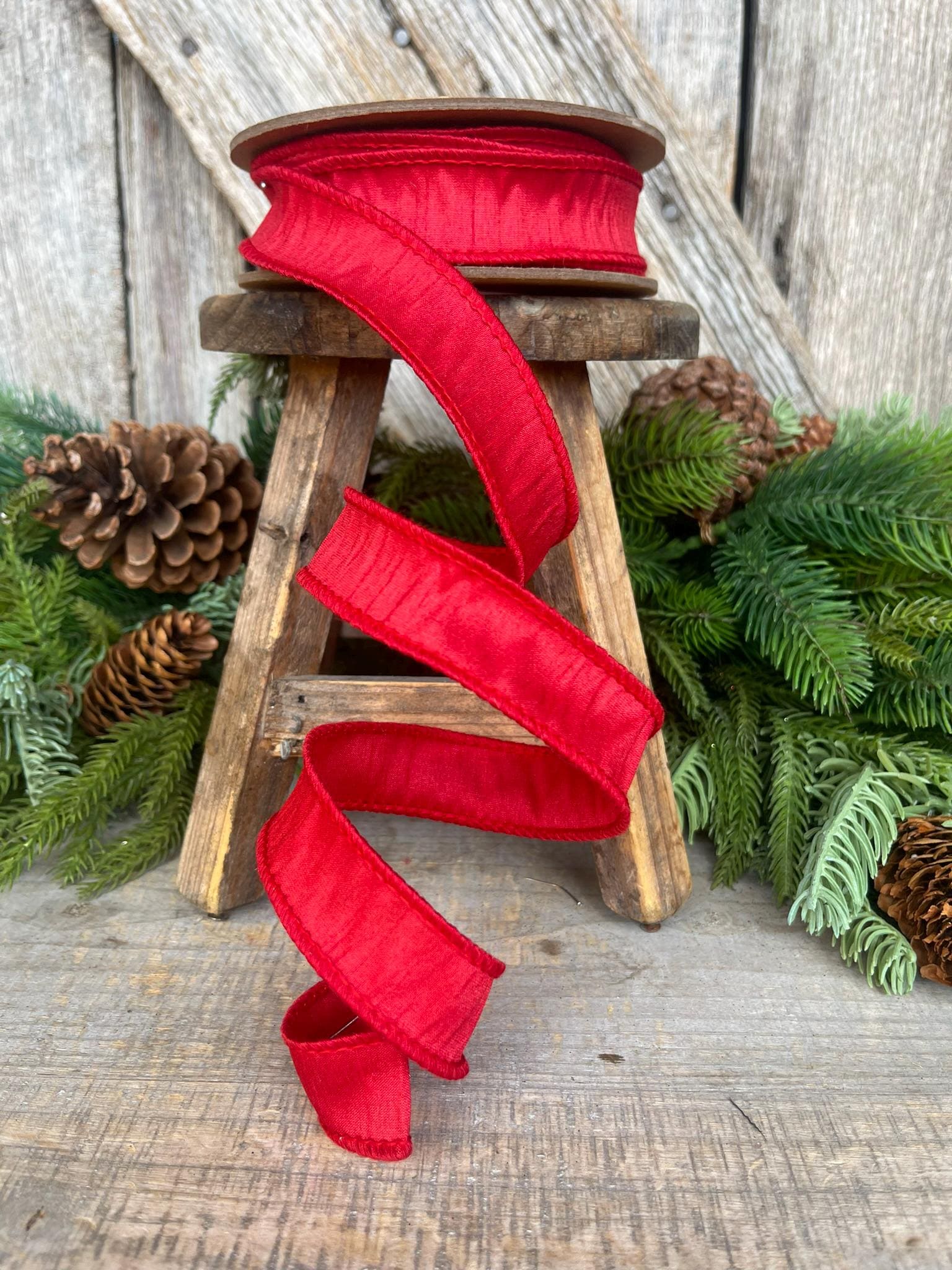 1” Red Dupion Ribbon, Farrisilk ribbon, wired ribbon, Christmas Ribbon, Patriotic Ribbon, Red ribbon, Red Dupion Ribbon, Gift Wrap Ribbon