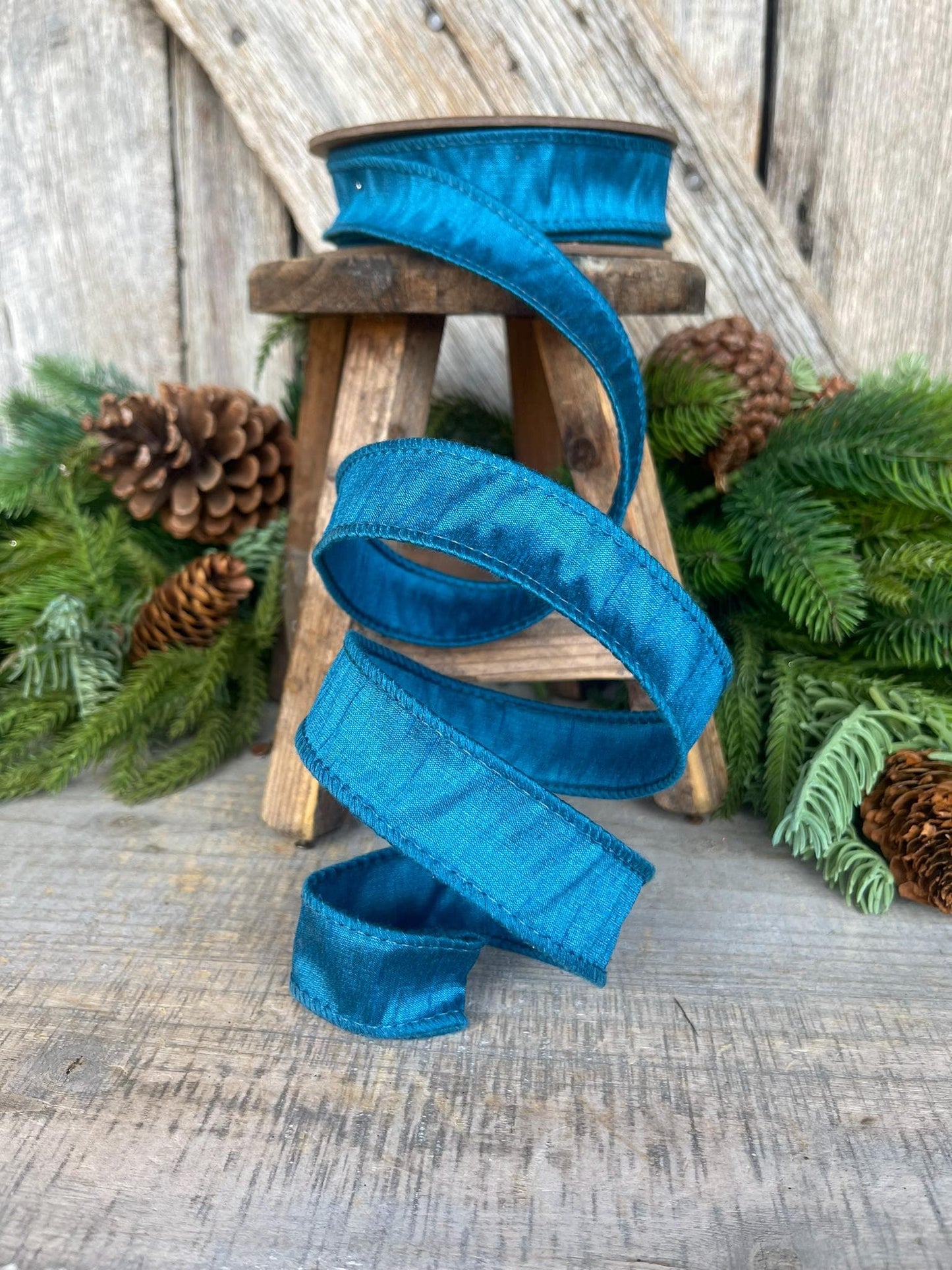 1" Turquoise Dupion Ribbon, wired ribbon, Christmas Ribbon, Jewel Tone Ribbon, Turquoise ribbon, Teal Ribbon