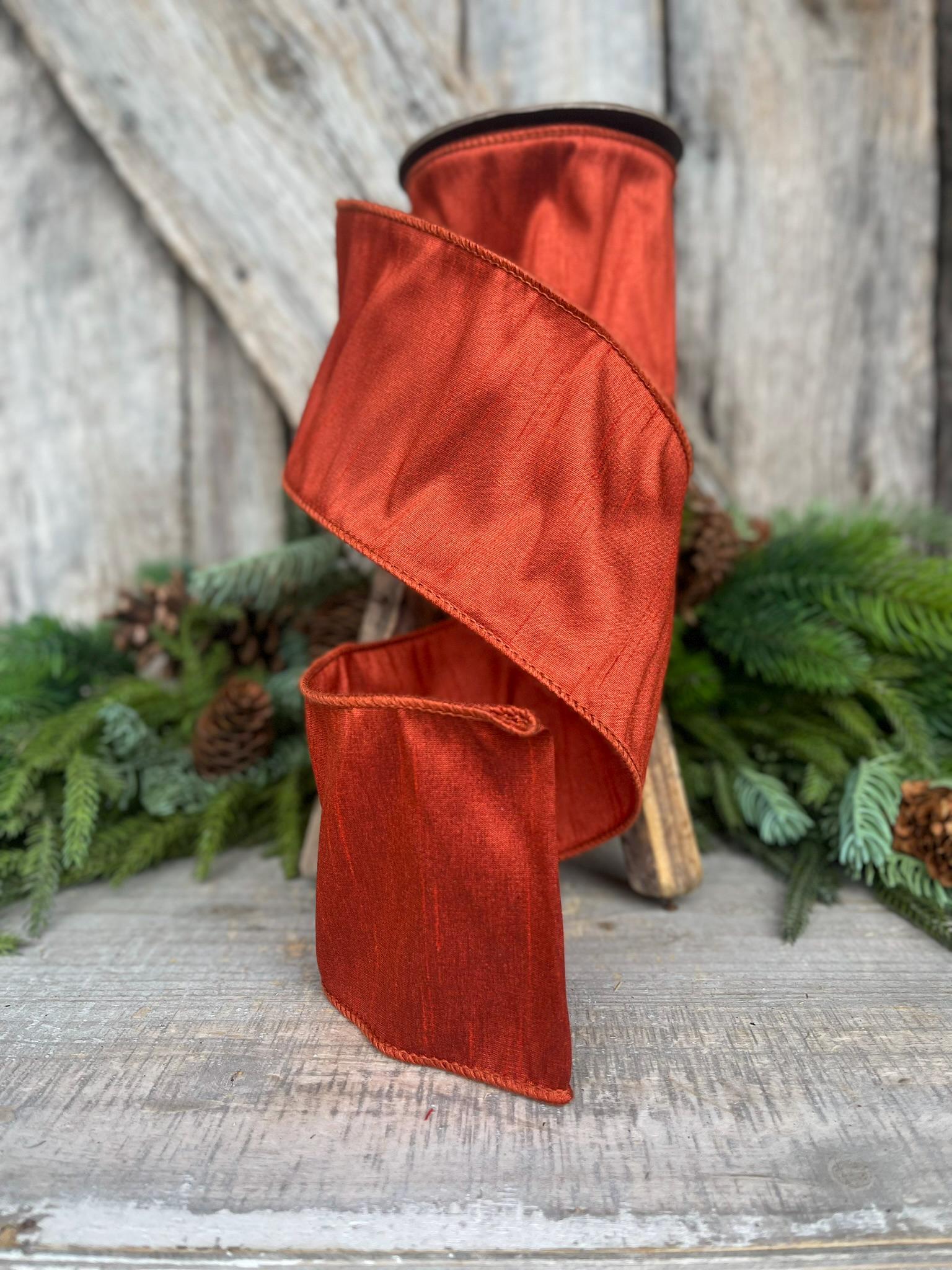 4" Rust Orange Dupioni Ribbon, Wired Ribbon