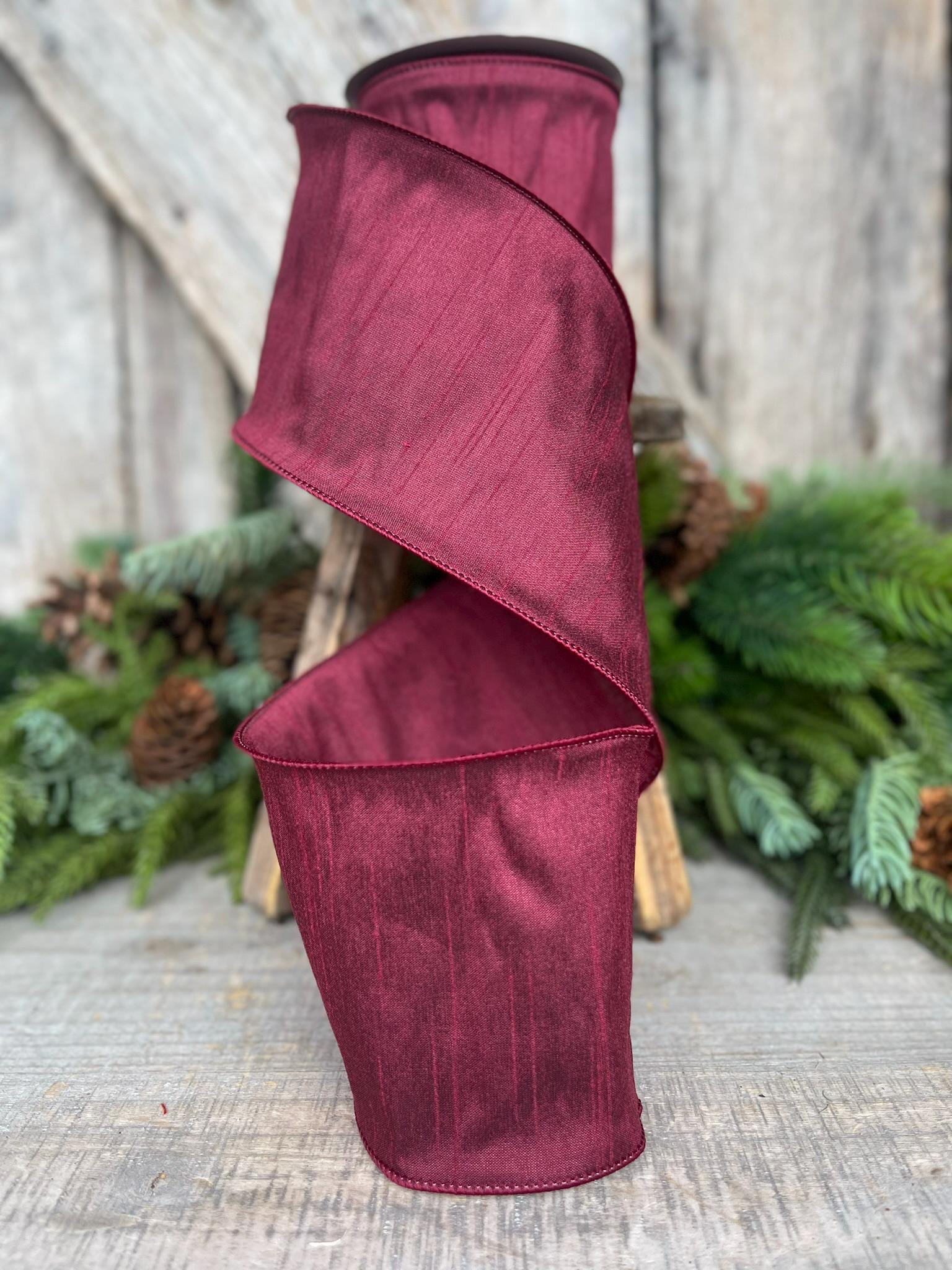 4" Burgundy Ribbon, Dupion Ribbon, Wired Ribbon, Ruby Ribbon, Maroon Ribbon, Christmas Ribbon, Fall Ribbon, Designer RIbbon