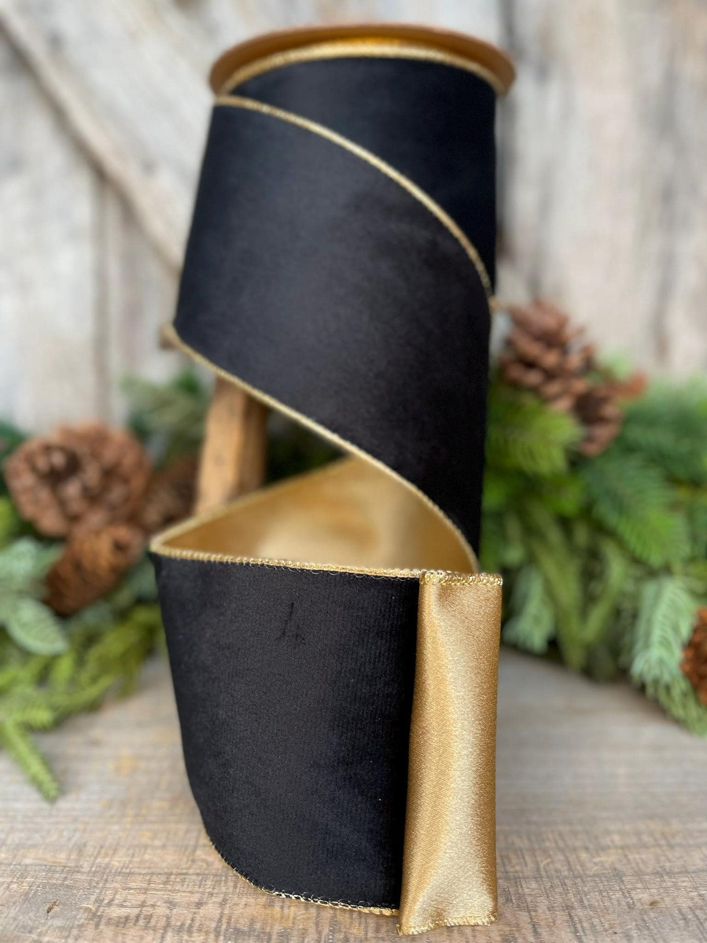 4" Black Velvet Ribbon, Wired RIbbon, Black Gold Velvet Ribbon, Christmas RIbbon, Designer Ribbon, Ribbon for Christmas Tree