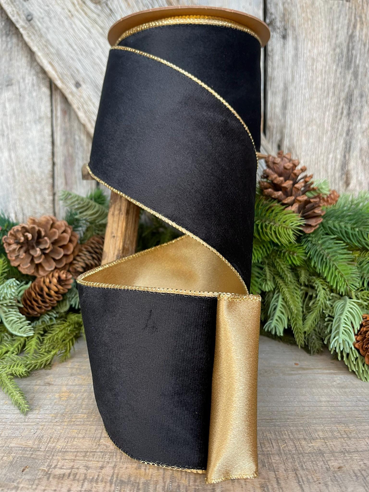 4" Black Velvet Ribbon, Wired RIbbon, Black Gold Velvet Ribbon, Christmas RIbbon, Designer Ribbon, Ribbon for Christmas Tree