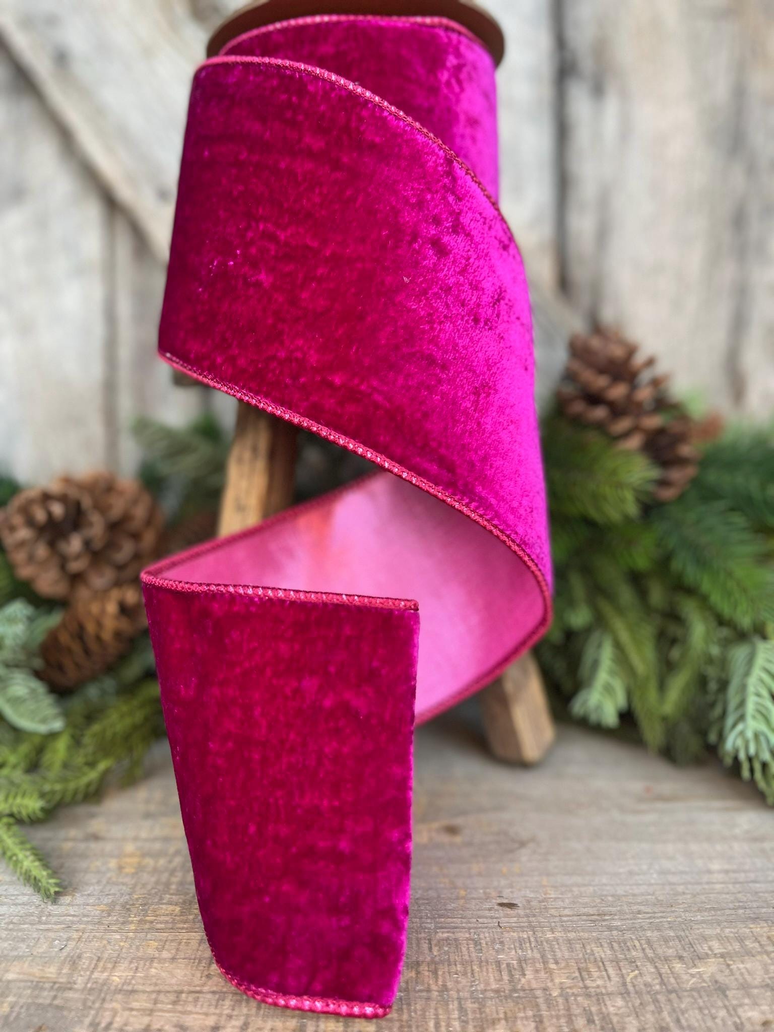 4" Hot Pink Velvet Ribbon, Wired Ribbon, Christmas Ribbon, Pink Christmas Velvet, Christmas Tree Ribbon, Pink Ribbon