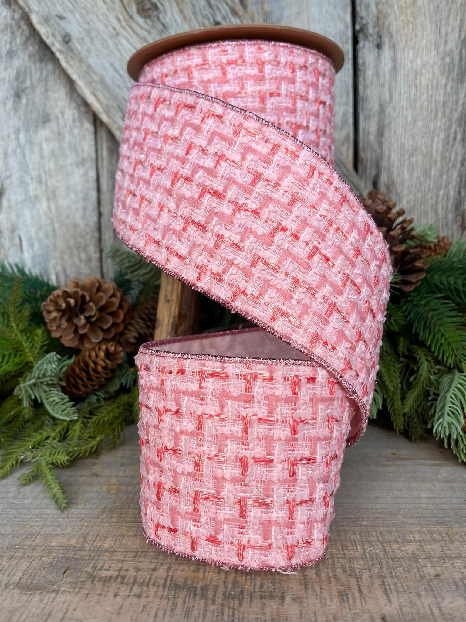 4" Pink Tweed Ribbon, Pink Christmas Ribbon, Designer Ribbon, Pink Christmas Tree Ribbon, Pink Tweed Design Inspired RIbbon