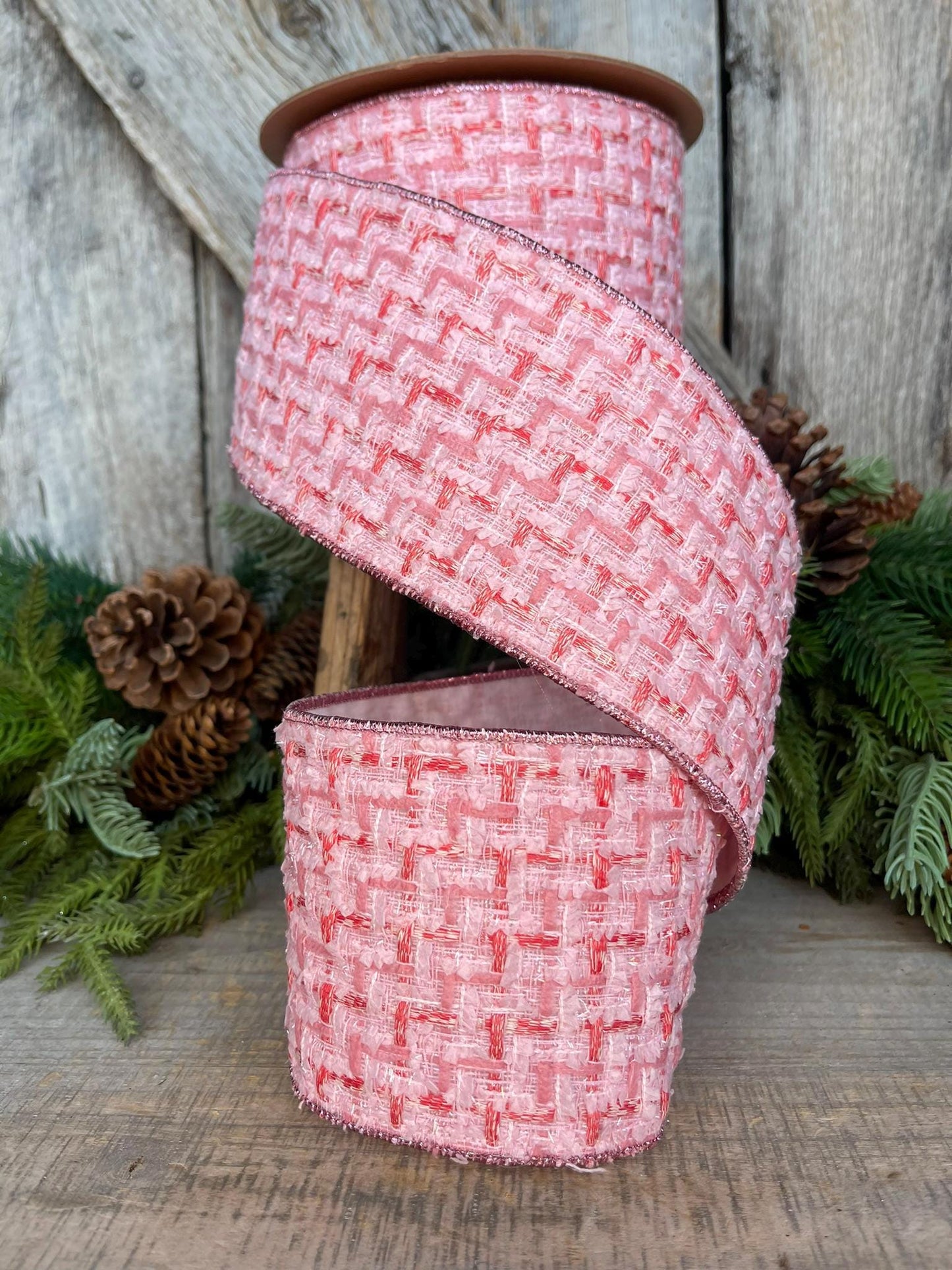 4" Pink Tweed Ribbon, Pink Christmas Ribbon