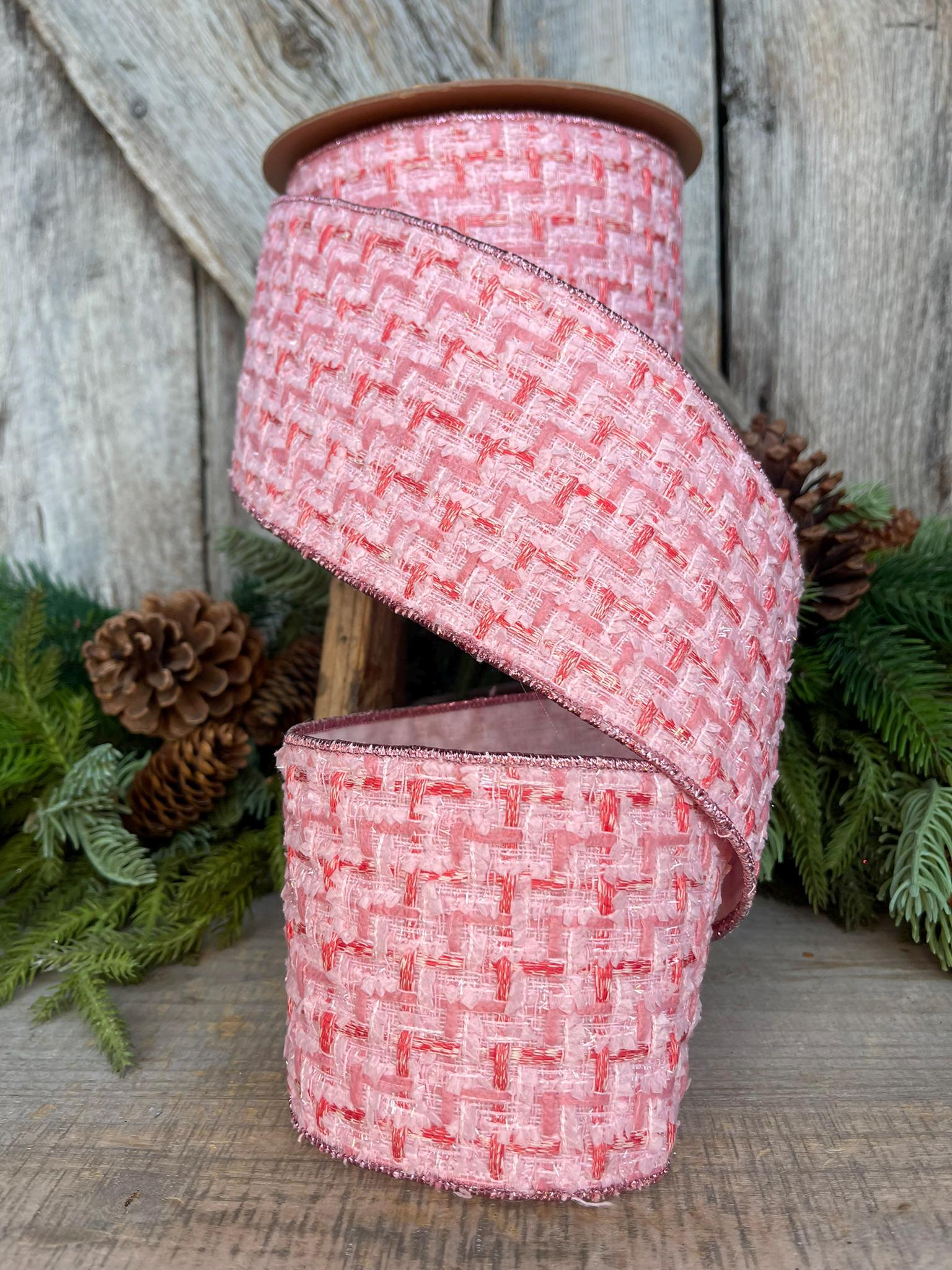 4" Pink Tweed Ribbon, Pink Christmas Ribbon, Designer Ribbon, Pink Christmas Tree Ribbon, Pink Tweed Design Inspired RIbbon