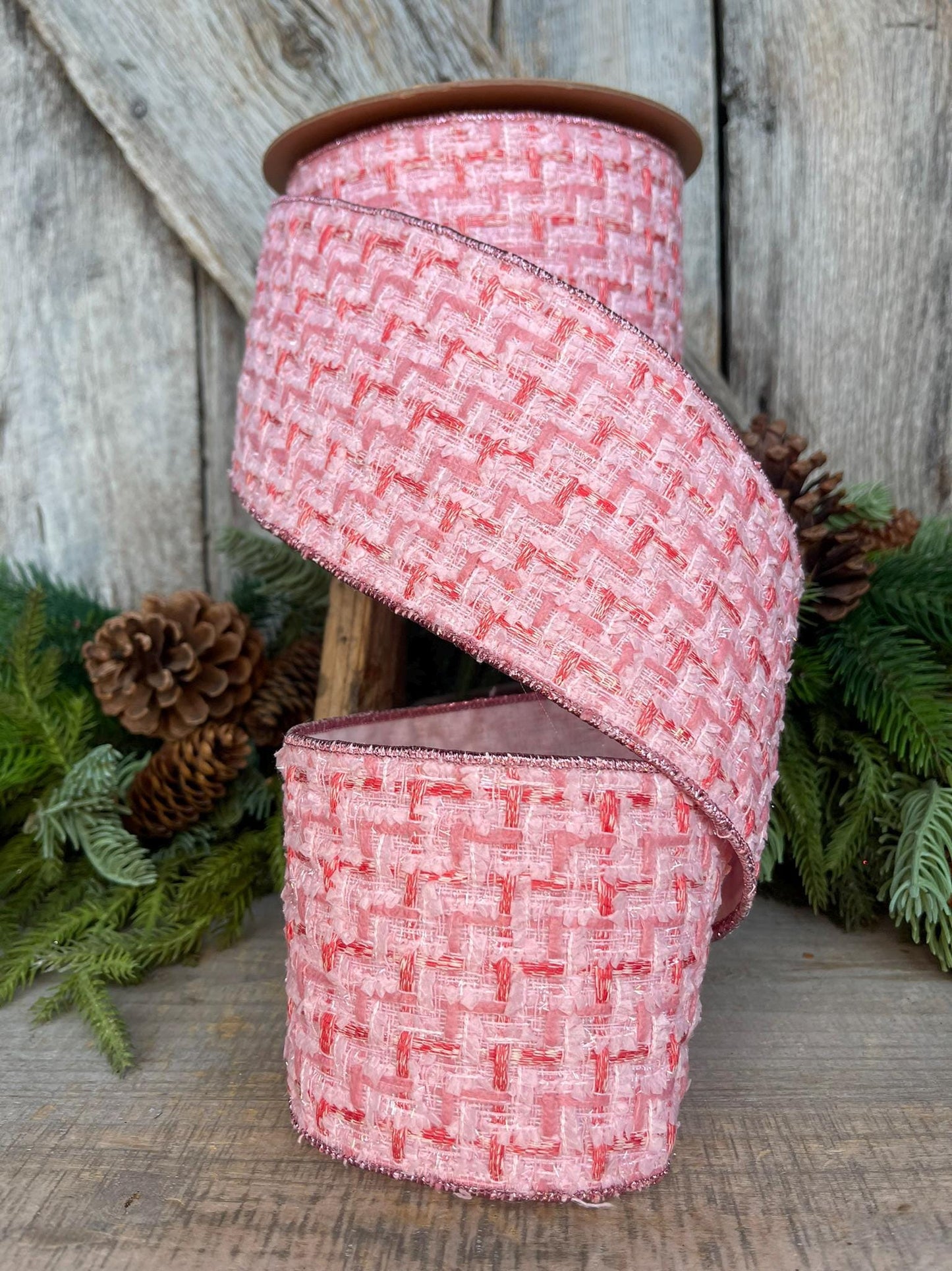 4" Pink Tweed Ribbon, Pink Christmas Ribbon