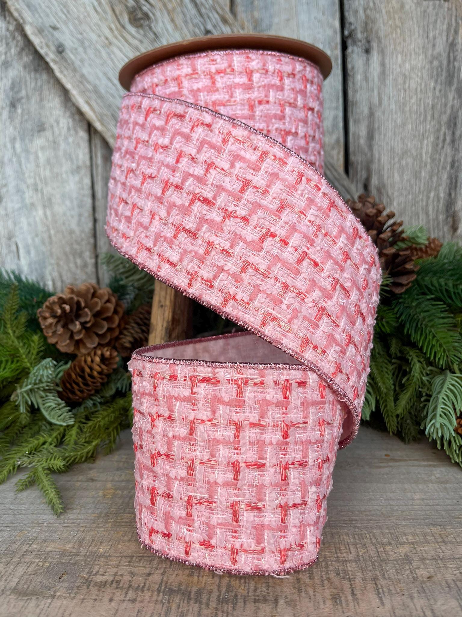 4" Pink Tweed Ribbon, Pink Christmas Ribbon