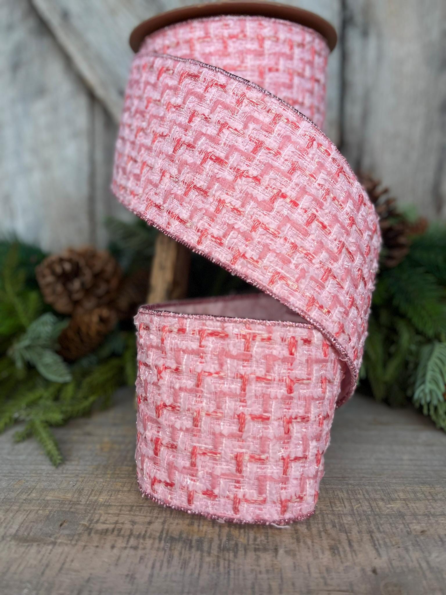 4" Pink Tweed Ribbon, Pink Christmas Ribbon