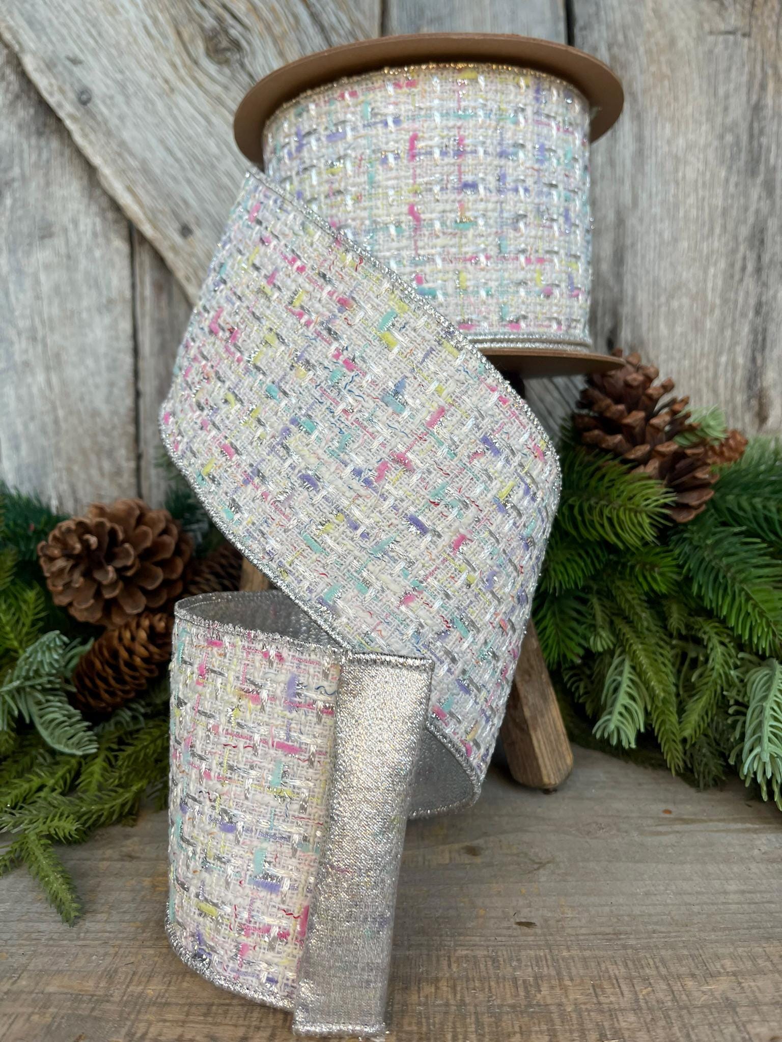 4" White Tweed Ribbon, Pastel Christmas Ribbon, Designer Ribbon, White Christmas Tree Ribbon, White Tweed, Designer Inspired RIbbon