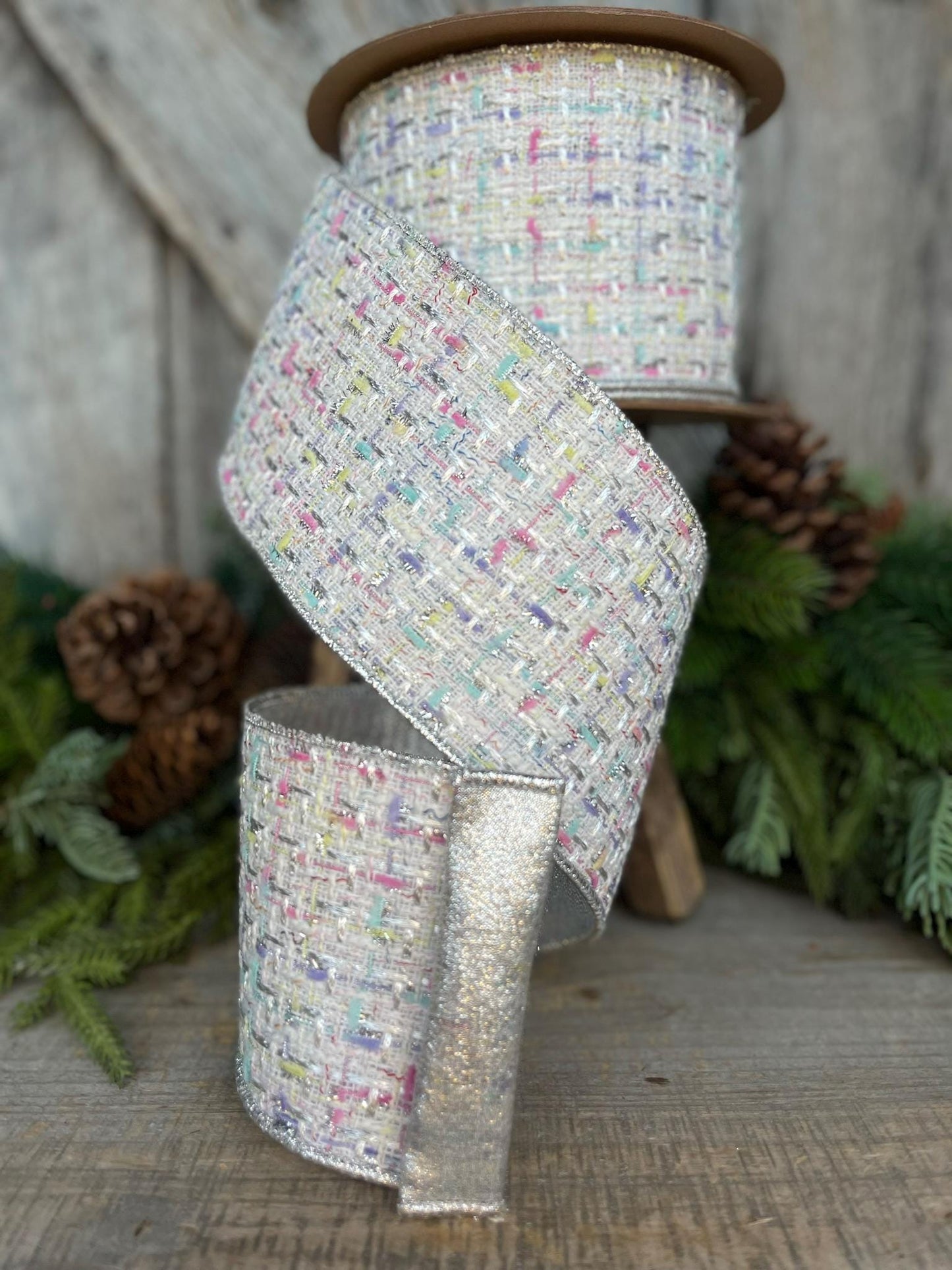 4" White Tweed Ribbon, Pastel Christmas Ribbon, Designer Ribbon, White Christmas Tree Ribbon, White Tweed, Designer Inspired RIbbon