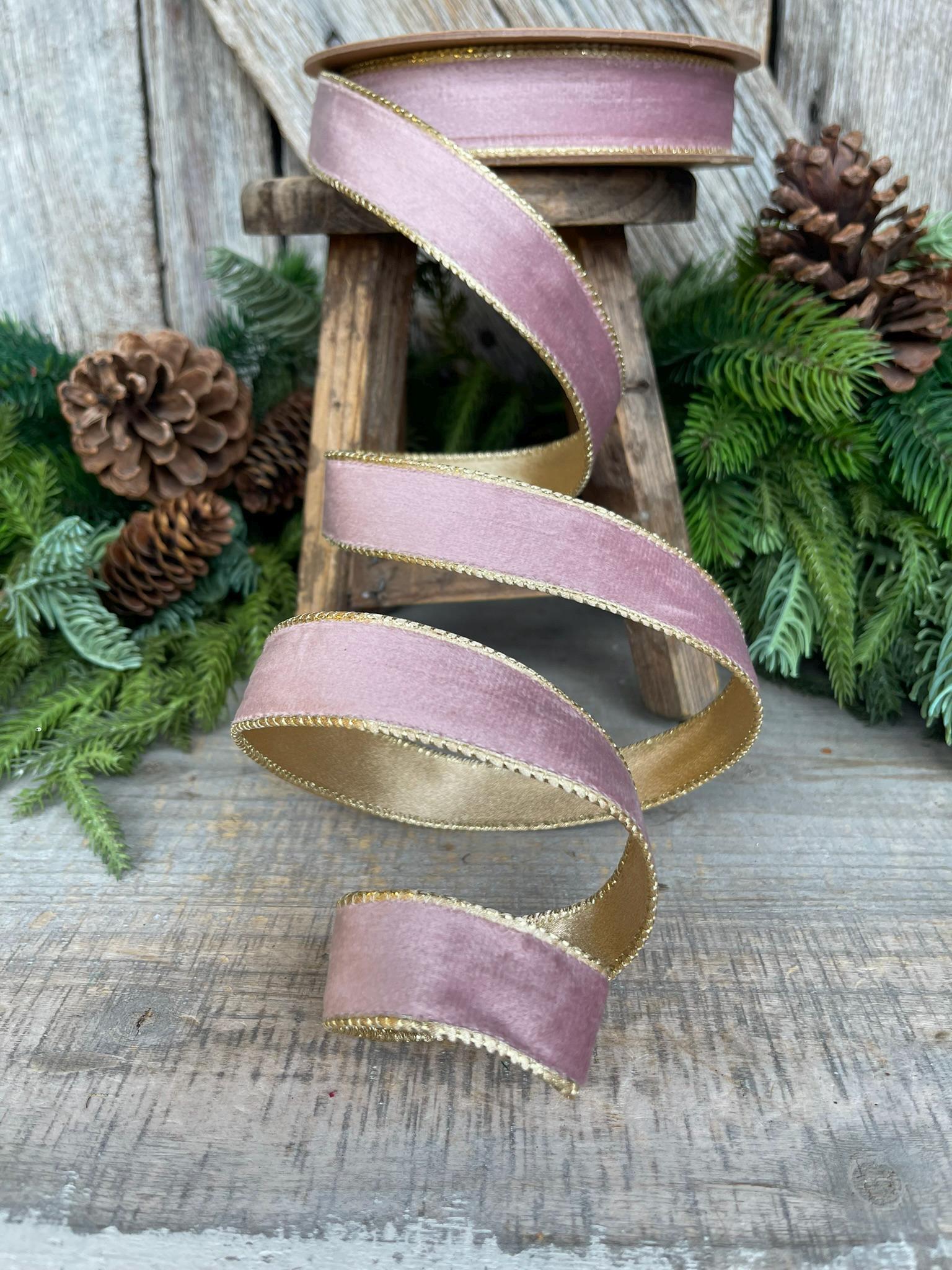 1" Dusty Pink Velvet Ribbon, Pink & Gold Velvet Ribbon, Wired Ribbon, Christmas Ribbon, Pink Christmas RIbbon, Dusty Rose Velvet