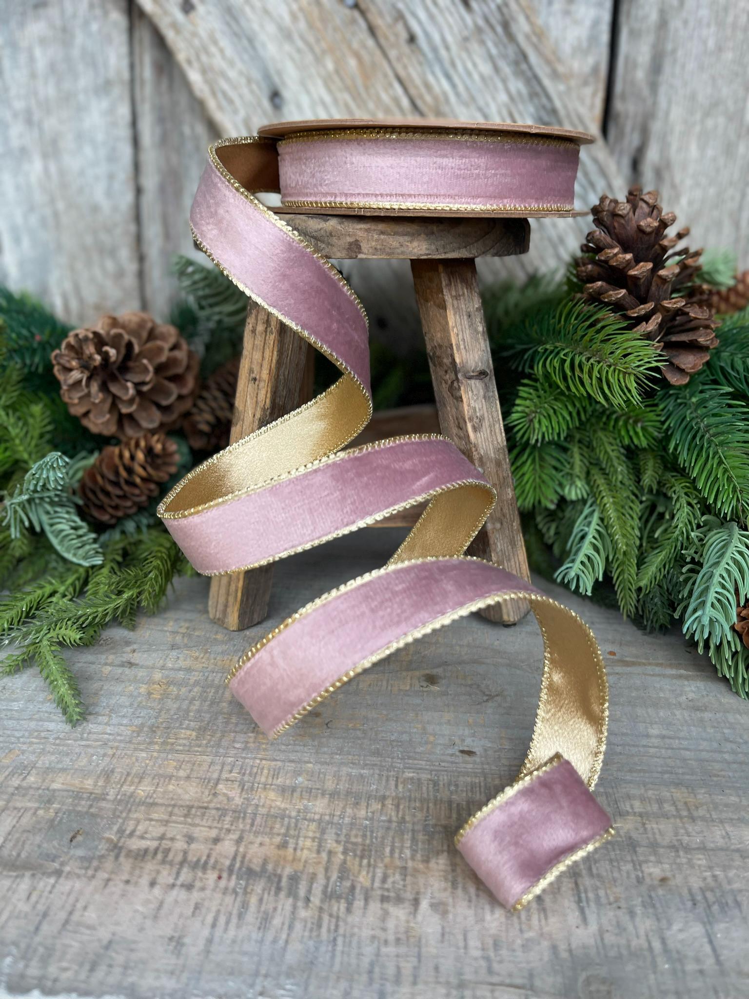 1" Dusty Pink Velvet Ribbon, Pink & Gold Velvet Ribbon, Wired Ribbon, Christmas Ribbon, Pink Christmas RIbbon, Dusty Rose Velvet