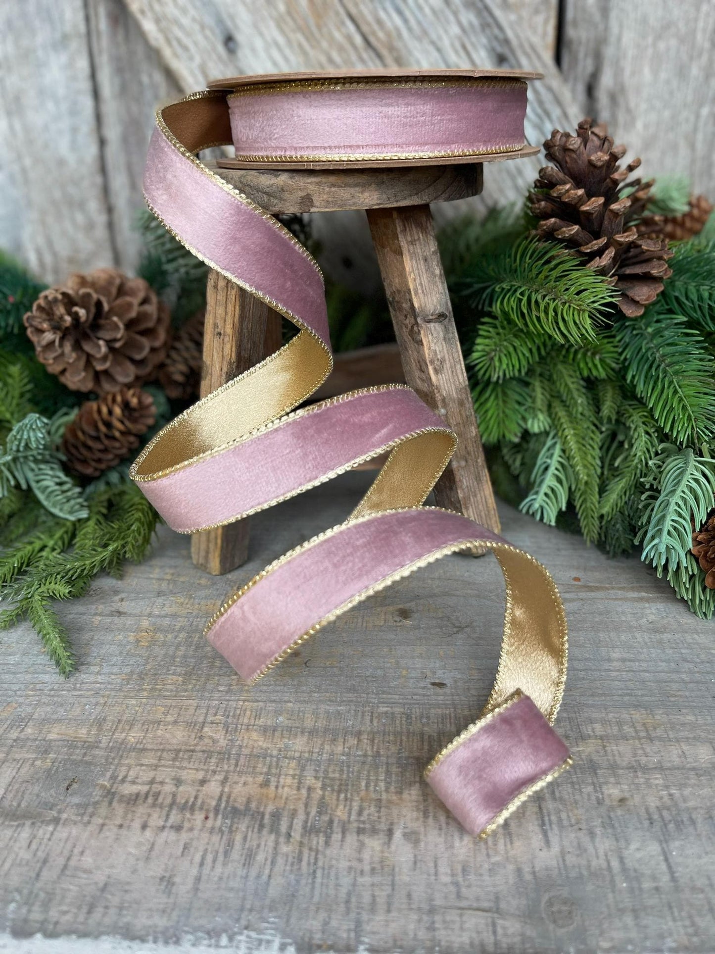 1" Dusty Pink Velvet Ribbon, Pink & Gold Velvet Ribbon, Wired Ribbon, Christmas Ribbon, Pink Christmas RIbbon, Dusty Rose Velvet