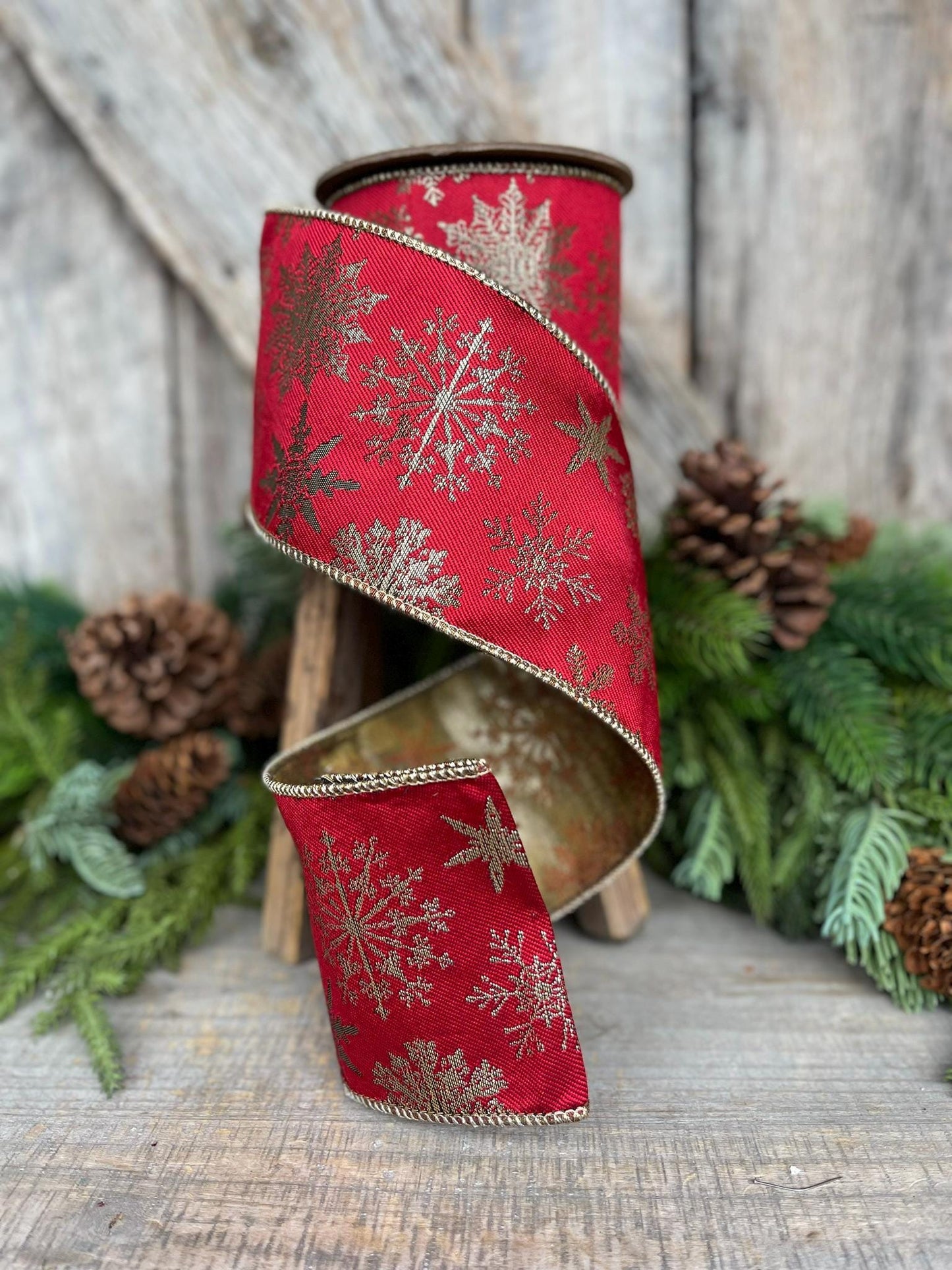 4" Red Snowflake Wired Ribbon, Christmas RIbbon, Christmas Tree Ribbon, Red Gold RIbbon, Designer Christmas Ribbon