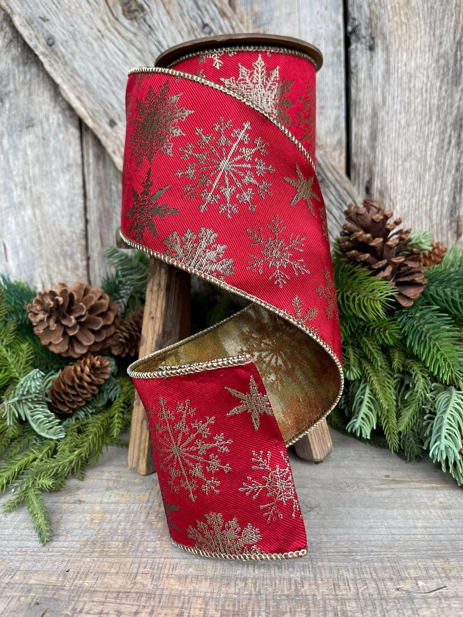 4" Red Snowflake Wired Ribbon, Christmas RIbbon, Christmas Tree Ribbon, Red Gold RIbbon, Designer Christmas Ribbon