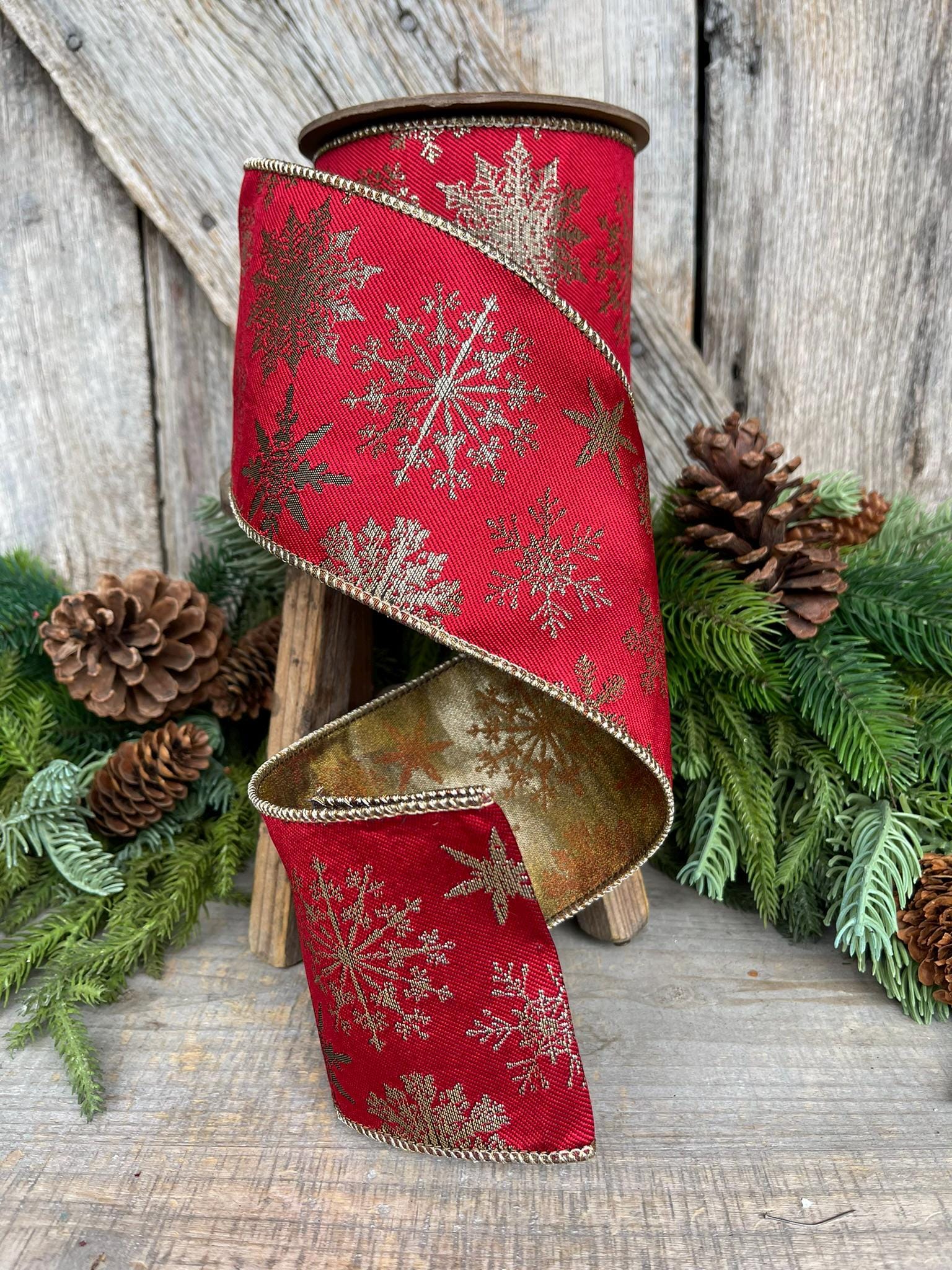 4" Red Snowflake Wired Ribbon, Christmas RIbbon, Christmas Tree Ribbon, Red Gold RIbbon, Designer Christmas Ribbon