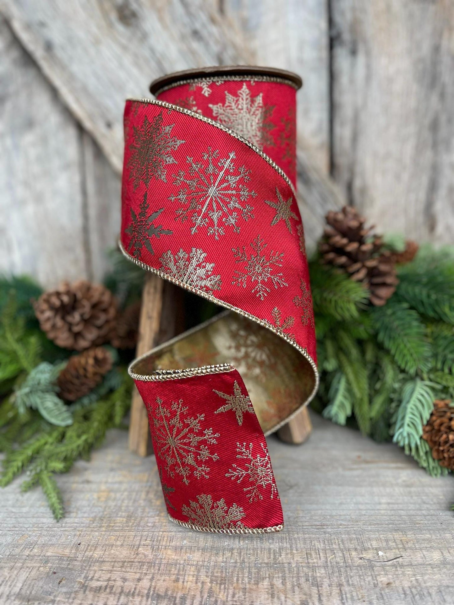 4" Red Snowflake Wired Ribbon, Christmas RIbbon