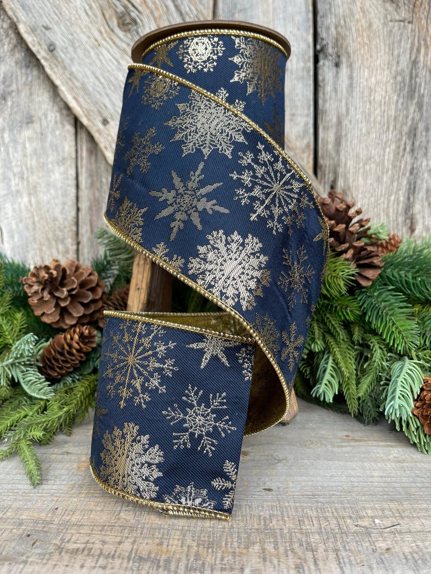 4" Navy Blue Snowflake Wired Ribbon, Christmas RIbbon, Christmas Tree Ribbon, Blue Gold RIbbon, Designer Christmas Ribbon