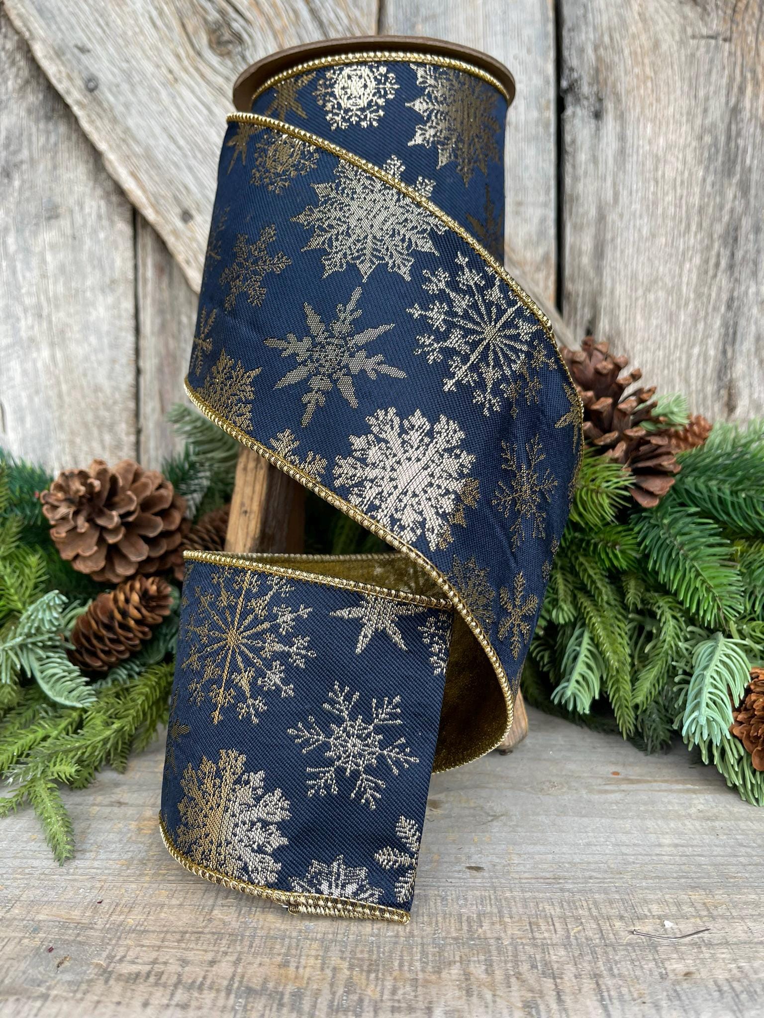 4" Navy Blue Snowflake Wired Ribbon, Christmas RIbbon