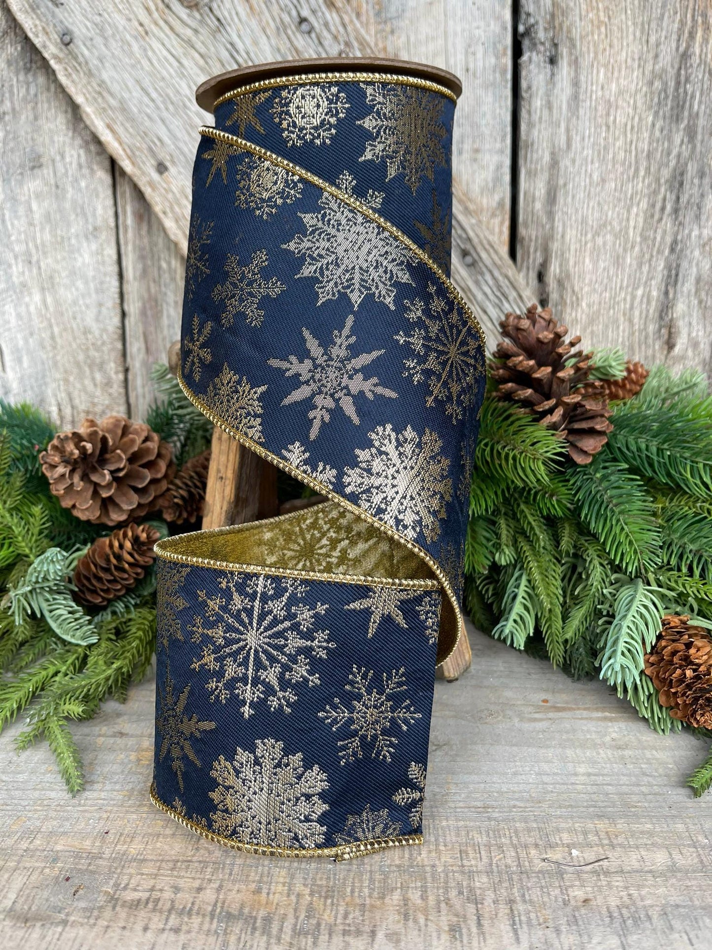 4" Navy Blue Snowflake Wired Ribbon, Christmas RIbbon, Christmas Tree Ribbon, Blue Gold RIbbon, Designer Christmas Ribbon