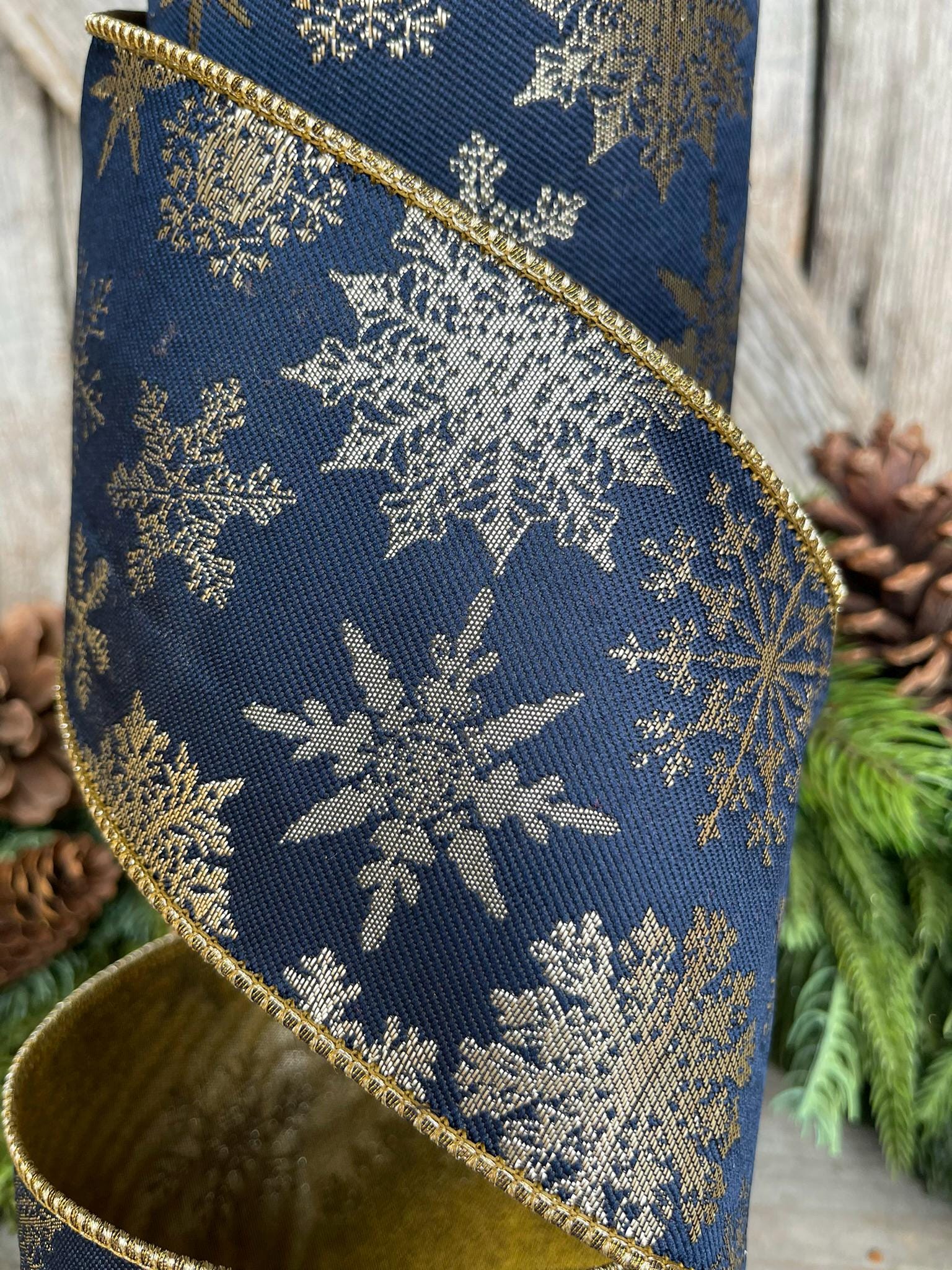 4" Navy Blue Snowflake Wired Ribbon, Christmas RIbbon, Christmas Tree Ribbon, Blue Gold RIbbon, Designer Christmas Ribbon