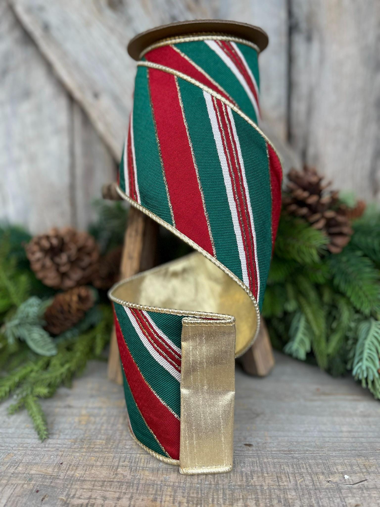 4" REd Green GOld Diagonal Stripe Ribbon, Wired Ribbon, Designer Ribbon, Emerald Green Ribbon, Christmas Tree Ribbon, Christmas Decor