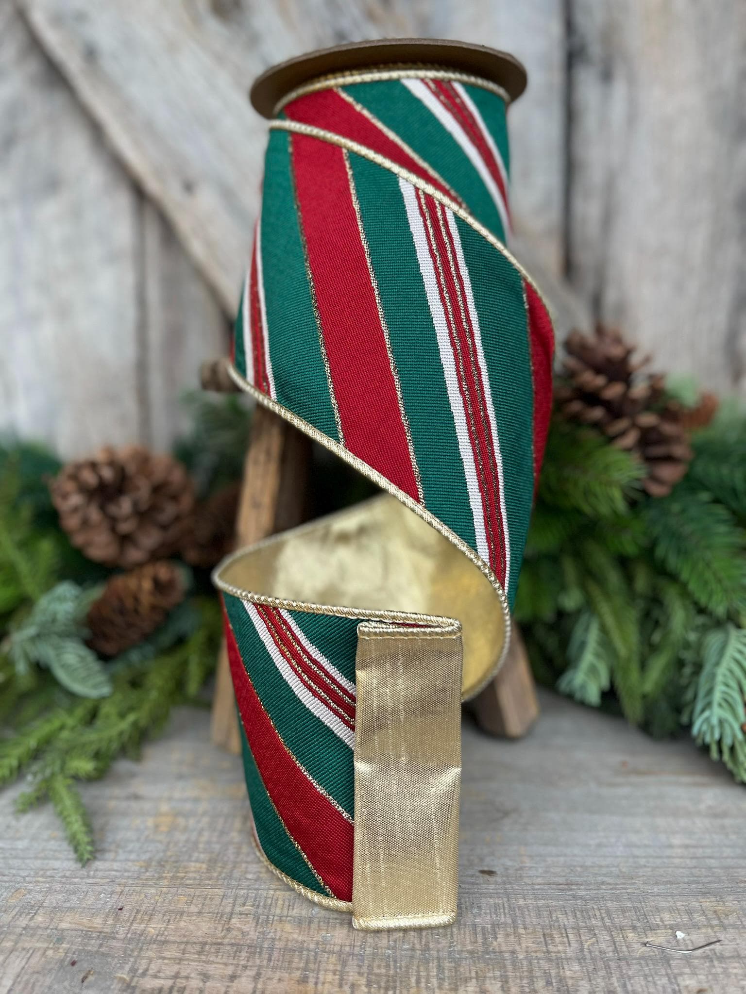 4" REd Green GOld Diagonal Stripe Ribbon, Wired Ribbon