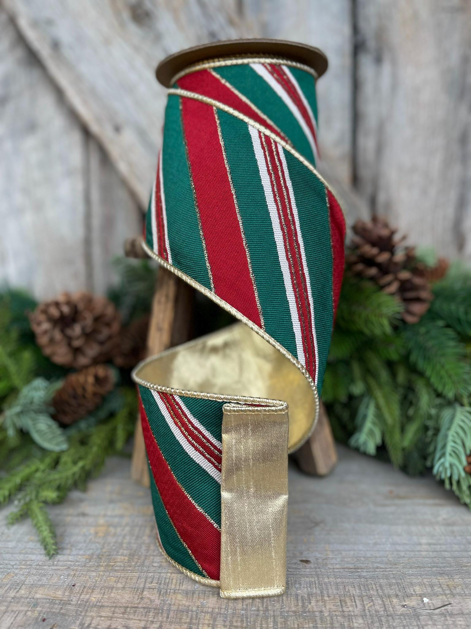 4" REd Green GOld Diagonal Stripe Ribbon, Wired Ribbon, Designer Ribbon, Emerald Green Ribbon, Christmas Tree Ribbon, Christmas Decor