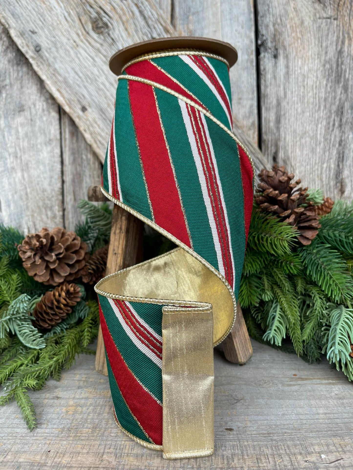 4" REd Green GOld Diagonal Stripe Ribbon, Wired Ribbon, Designer Ribbon, Emerald Green Ribbon, Christmas Tree Ribbon, Christmas Decor