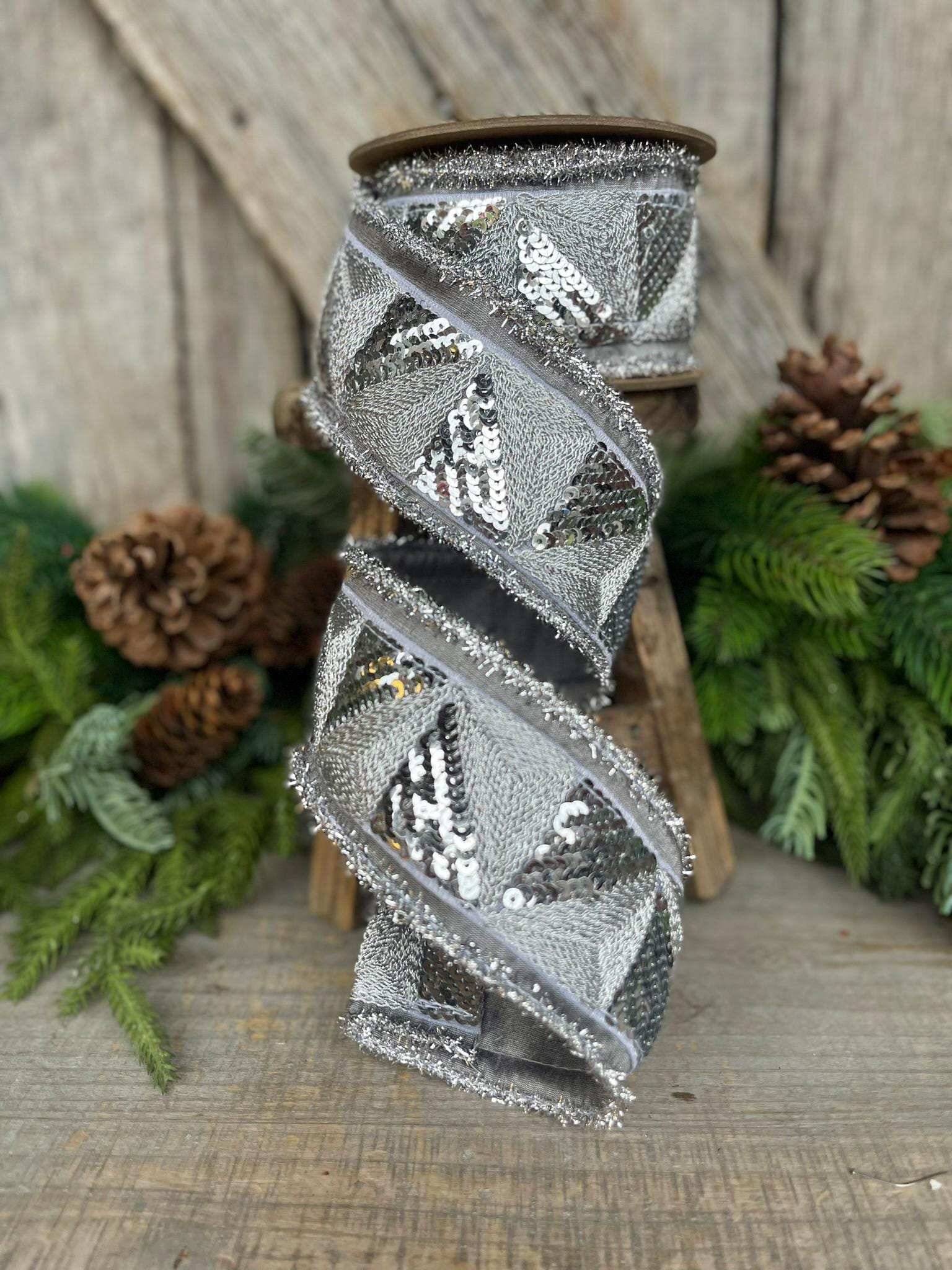 2.5" Silver Sequin Ribbon, Silver Christmas Ribbon, Disco Ribbon, Silver Wired Ribbon, Silver Christmas Tree RIbbon, Wired Ribbon