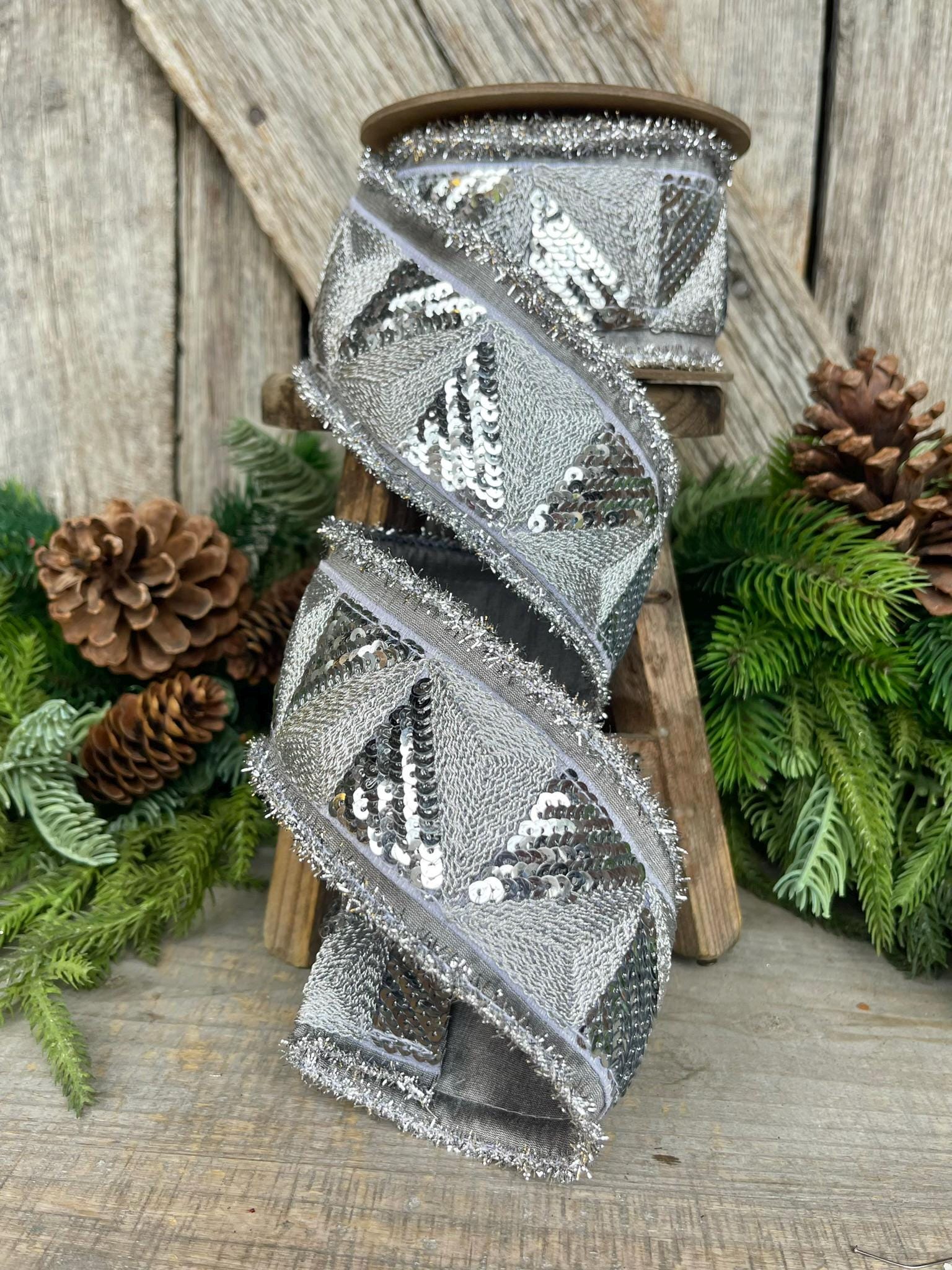 2.5" Silver Sequin Ribbon, Silver Christmas Ribbon, Disco Ribbon, Silver Wired Ribbon, Silver Christmas Tree RIbbon, Wired Ribbon