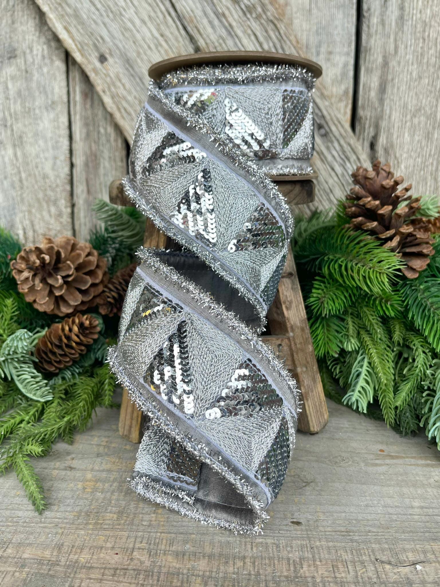 2.5" Silver Sequin Ribbon, Silver Christmas Ribbon