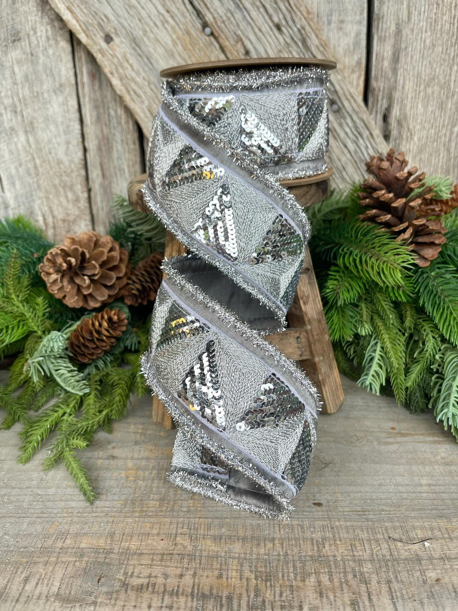 2.5" Silver Sequin Ribbon, Silver Christmas Ribbon, Disco Ribbon, Silver Wired Ribbon, Silver Christmas Tree RIbbon, Wired Ribbon