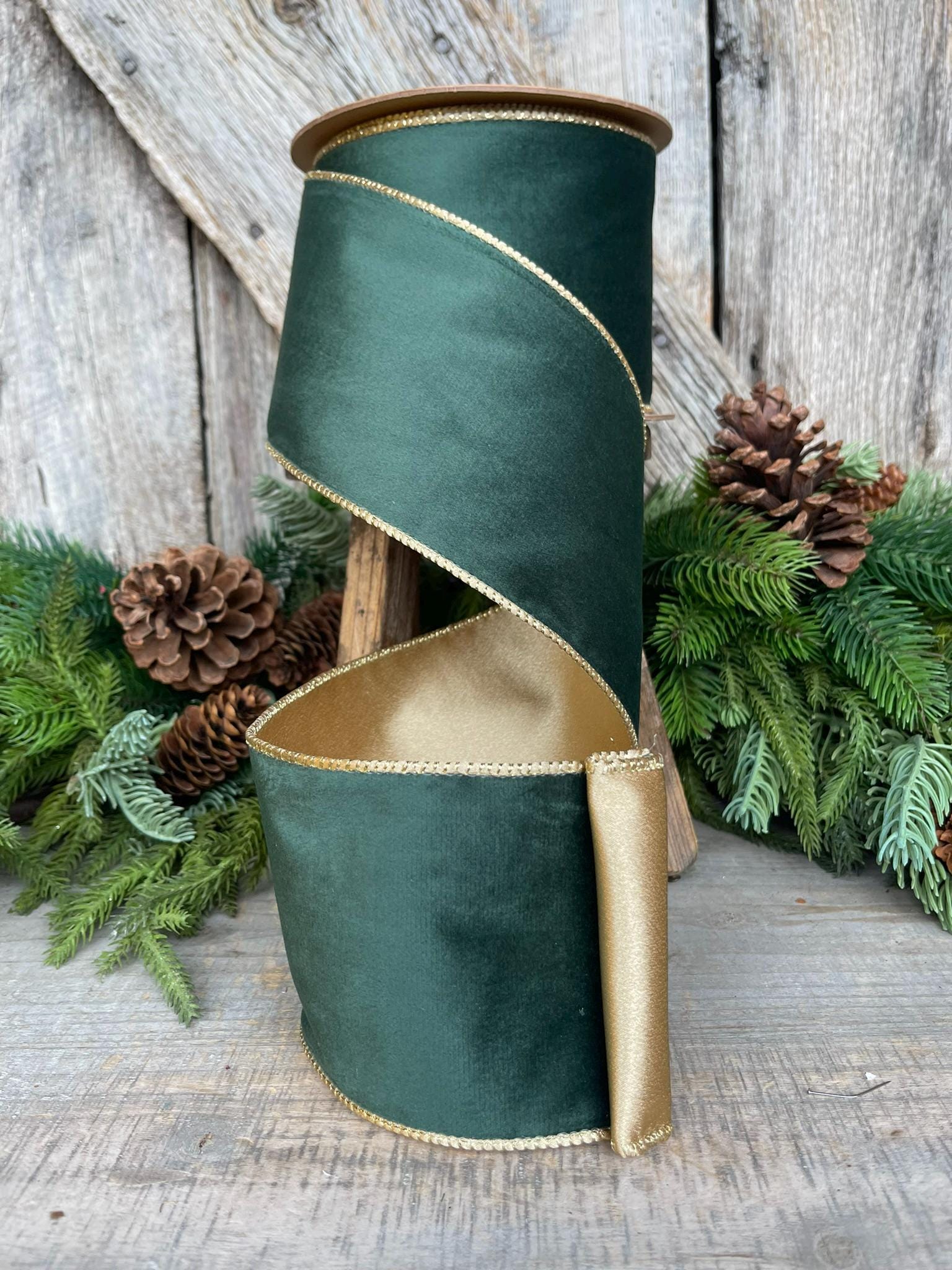 4" Green Velvet Ribbon, Green & Gold Velvet Ribbon, Christmas RIbbon, Hunter Green Velvet Ribbon, Designer Ribbon,Gift Wrap Ribbon,Christmas