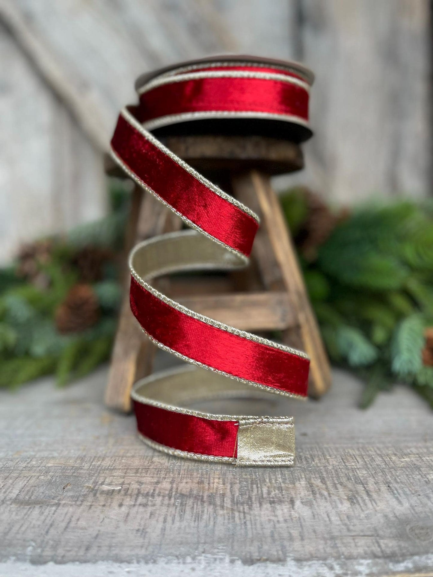 1" Red Satin Velvet Ribbon, Farrisilk Ribbon, Red Velvet Ribbon, Christmas RIbbon, Red and Gold Velvet Ribbon, Designer Ribbon, RK661-02