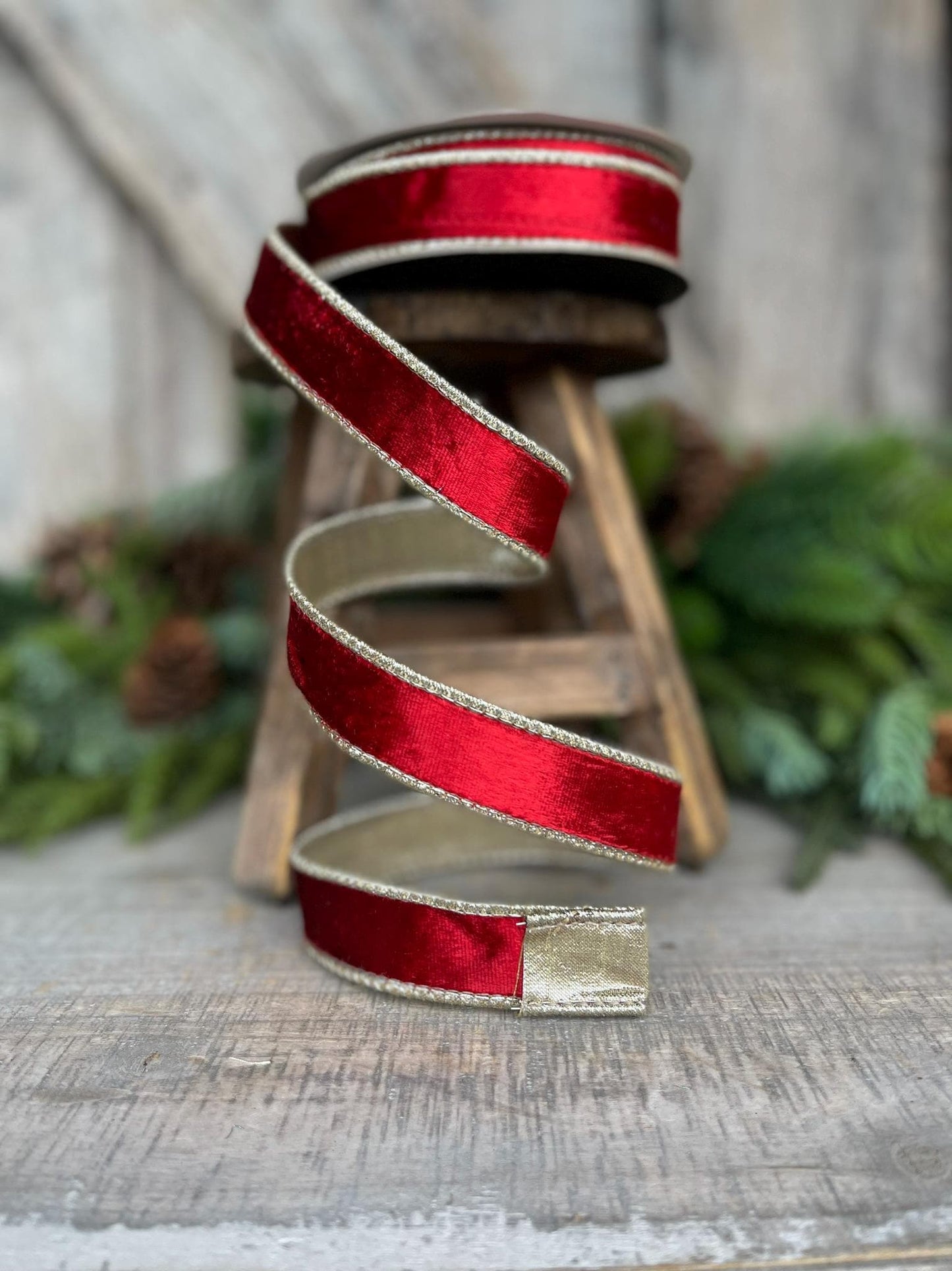 1" Red Satin Velvet Ribbon, Farrisilk Ribbon, Red Velvet Ribbon, Christmas RIbbon, Red and Gold Velvet Ribbon, Designer Ribbon, RK661-02